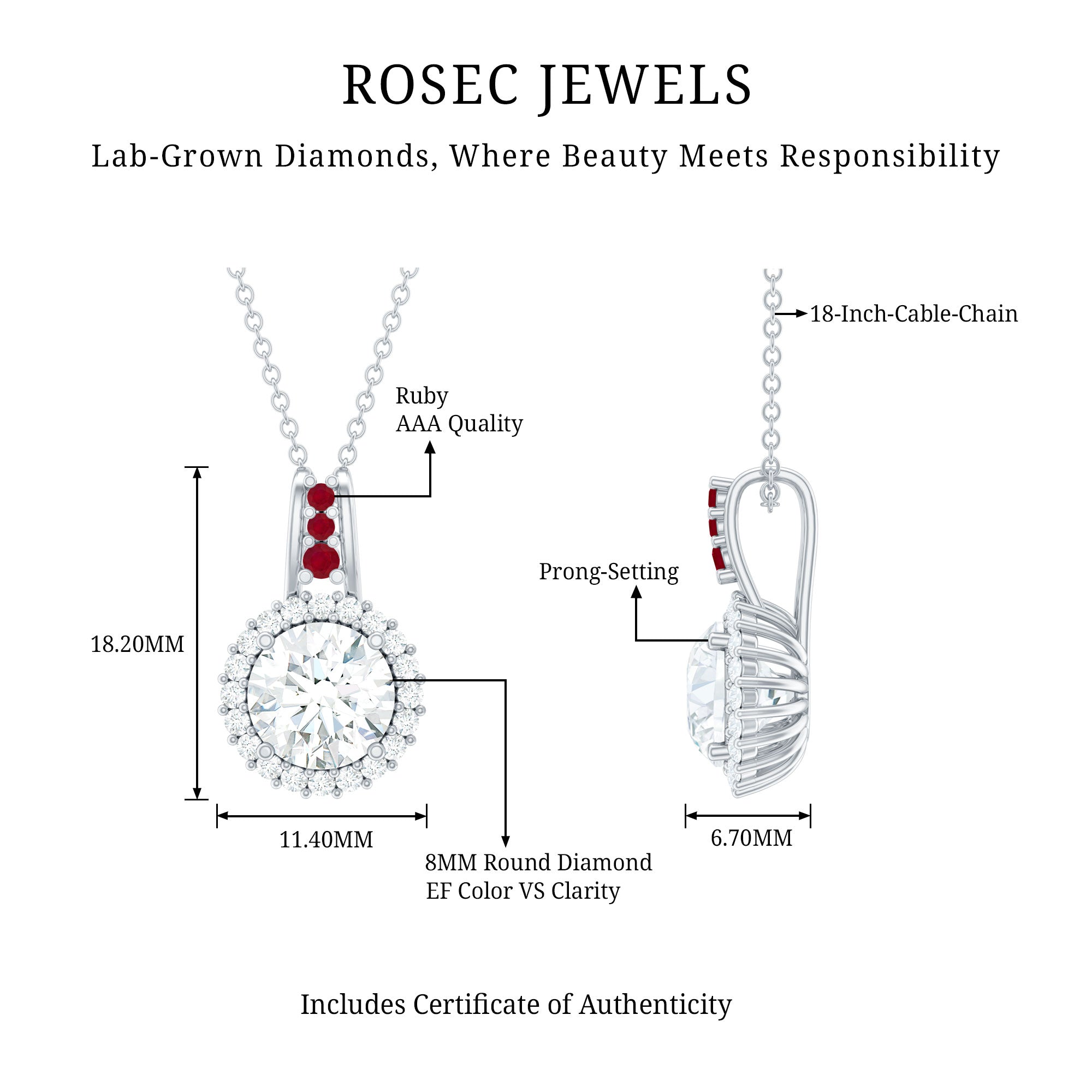 Certified MM Lab Grown Diamond Halo Necklace With Ruby Accent Bail Lab - ( EF-VS ) - Rosec Jewels