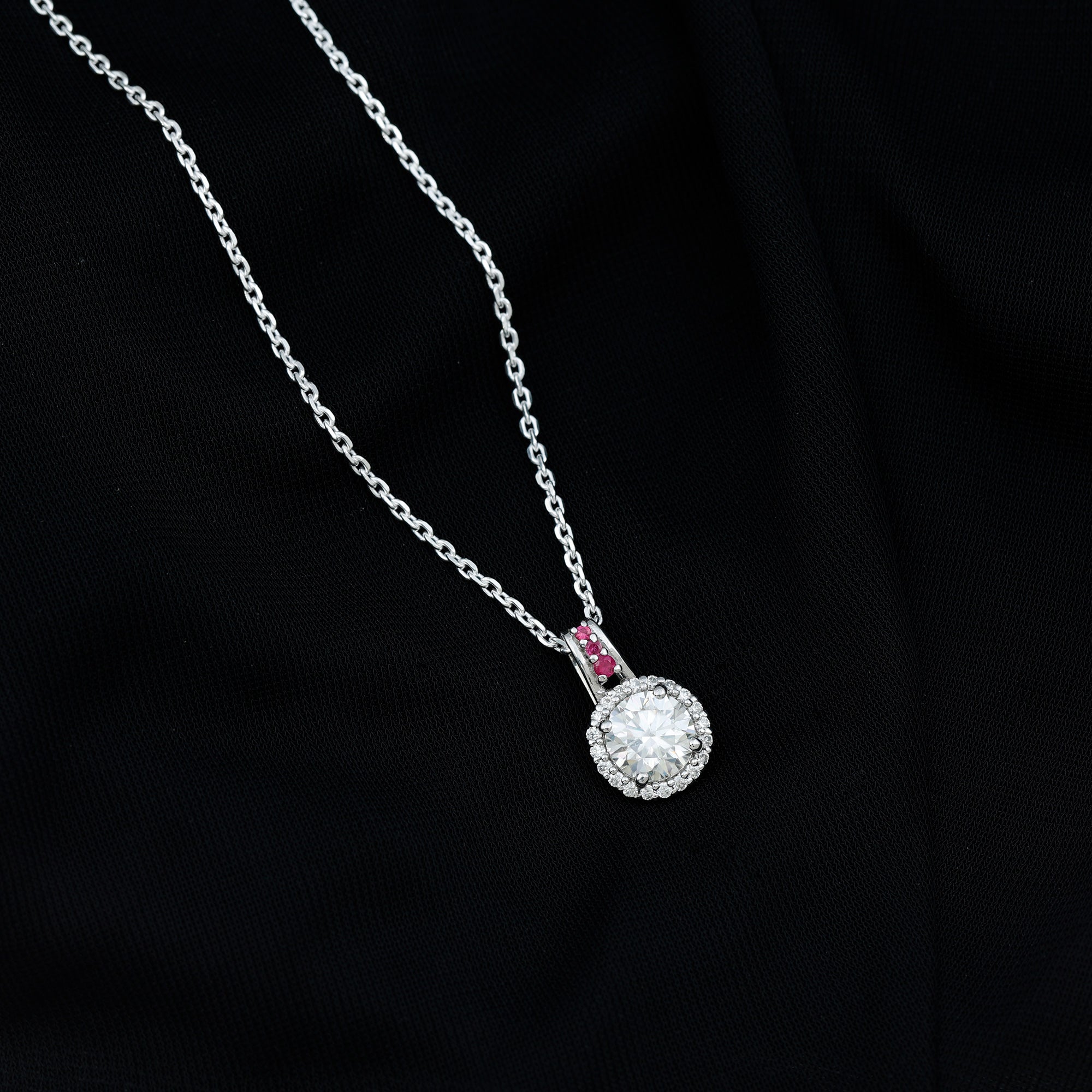 Certified MM Lab Grown Diamond Halo Necklace With Ruby Accent Bail Lab - ( EF-VS ) - Rosec Jewels