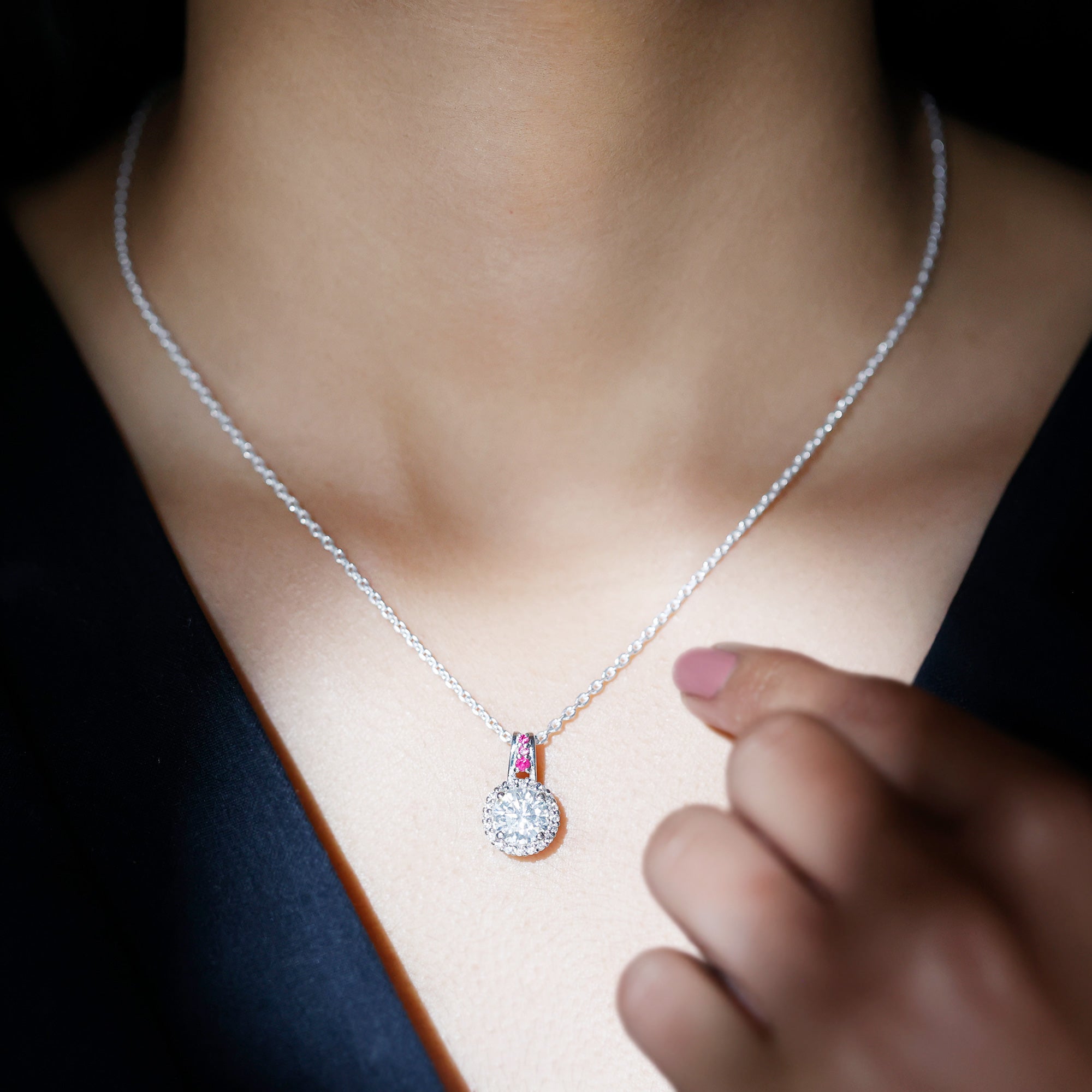 Certified MM Lab Grown Diamond Halo Necklace With Ruby Accent Bail Lab - ( EF-VS ) - Rosec Jewels