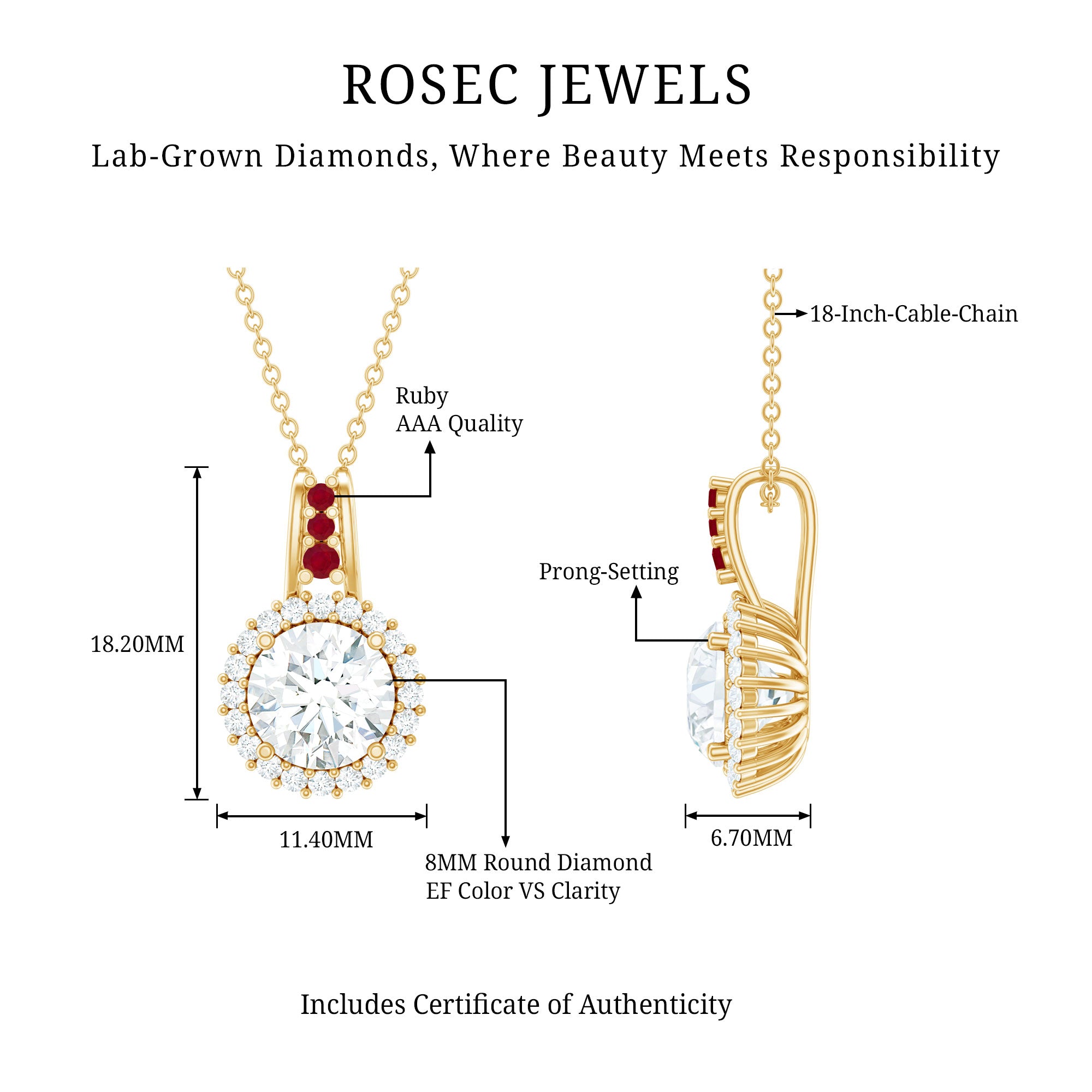 Certified MM Lab Grown Diamond Halo Necklace With Ruby Accent Bail Lab - ( EF-VS ) - Rosec Jewels