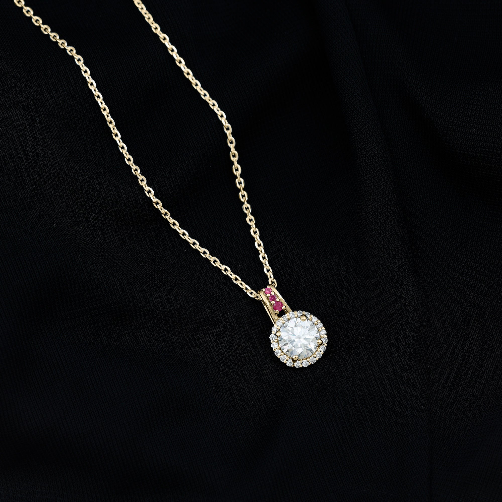Certified MM Lab Grown Diamond Halo Necklace With Ruby Accent Bail Lab - ( EF-VS ) - Rosec Jewels