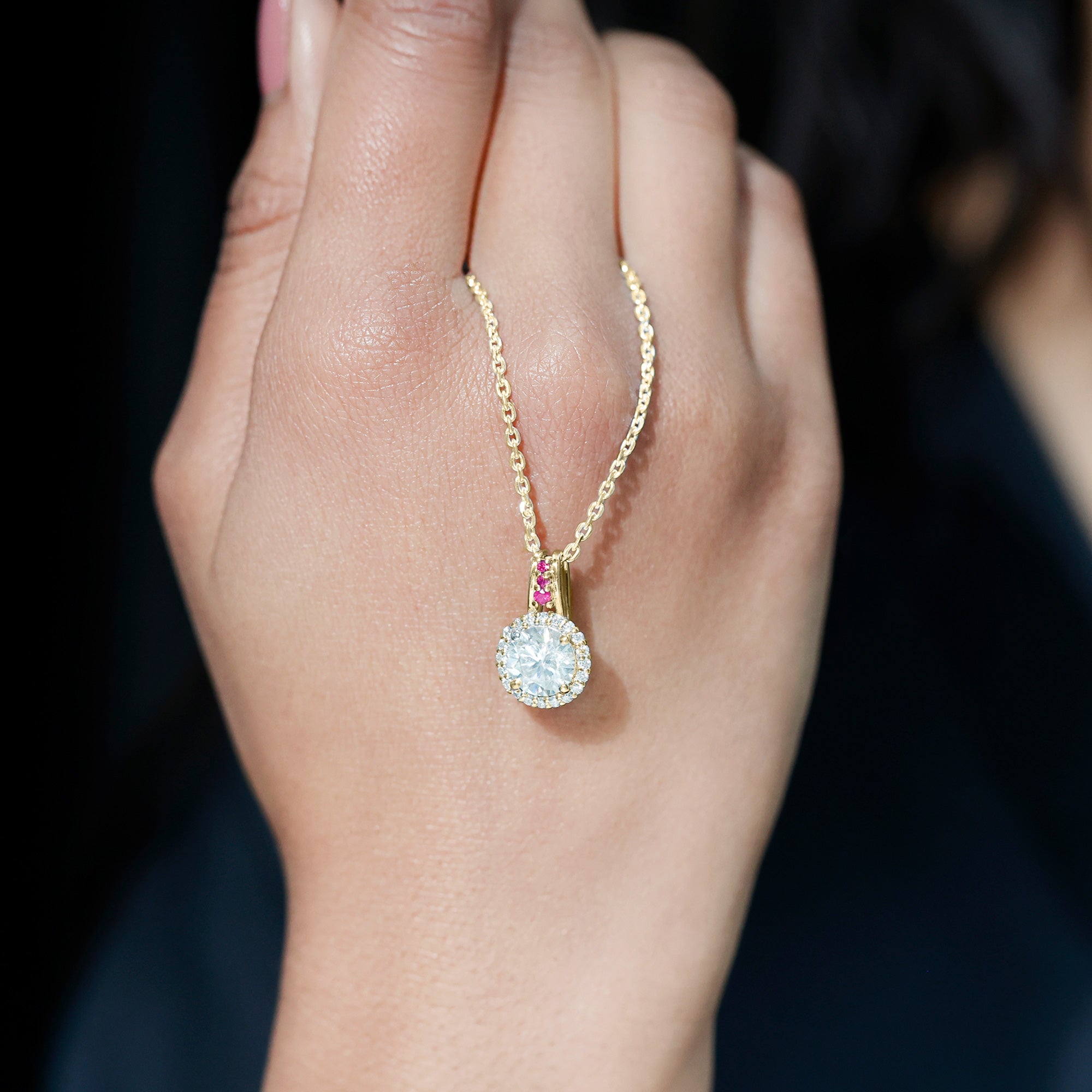 Certified MM Lab Grown Diamond Halo Necklace With Ruby Accent Bail Lab - ( EF-VS ) - Rosec Jewels