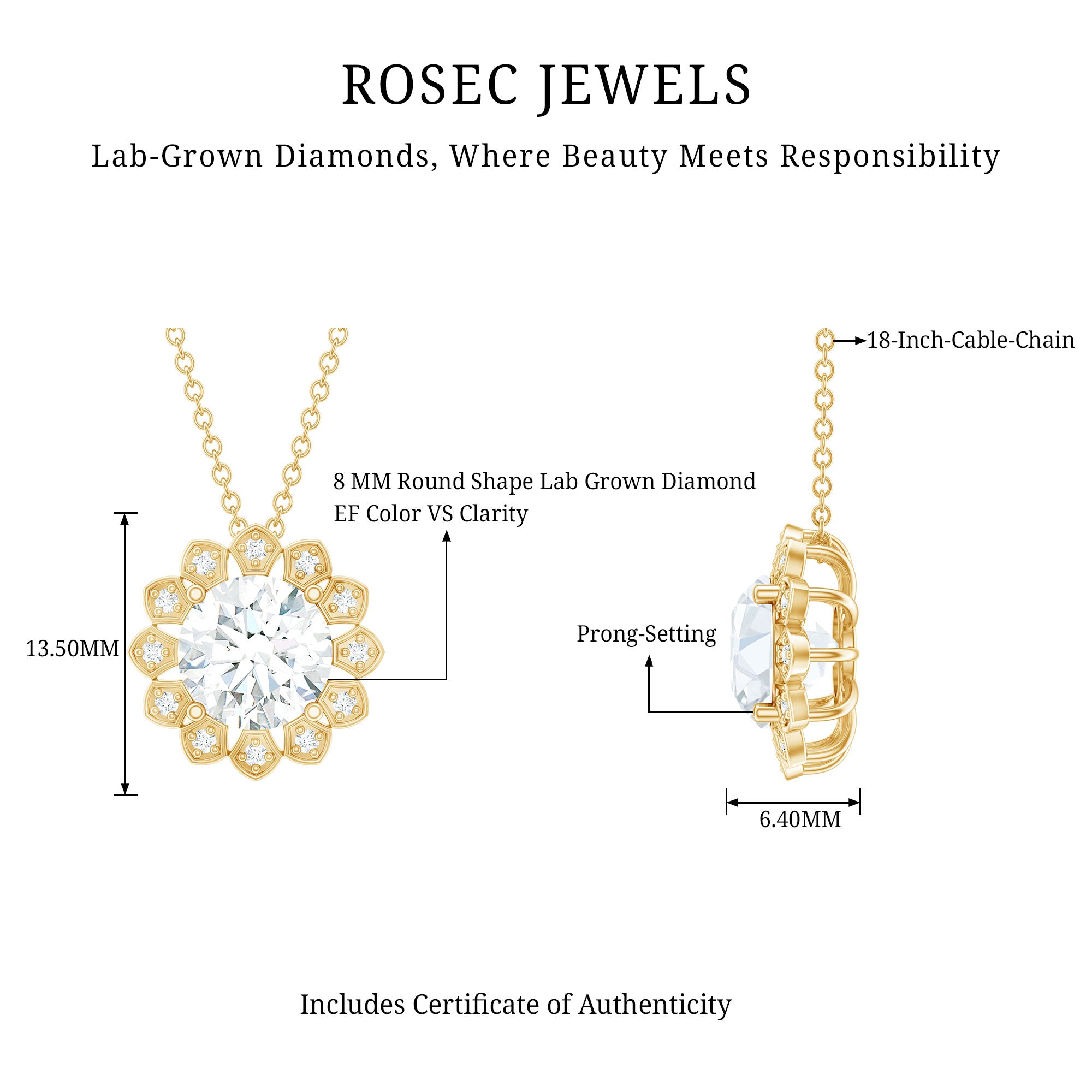 Certified 8 MM Lab Grown Diamond Cocktail Necklace For Women Lab - ( EF-VS ) - Rosec Jewels