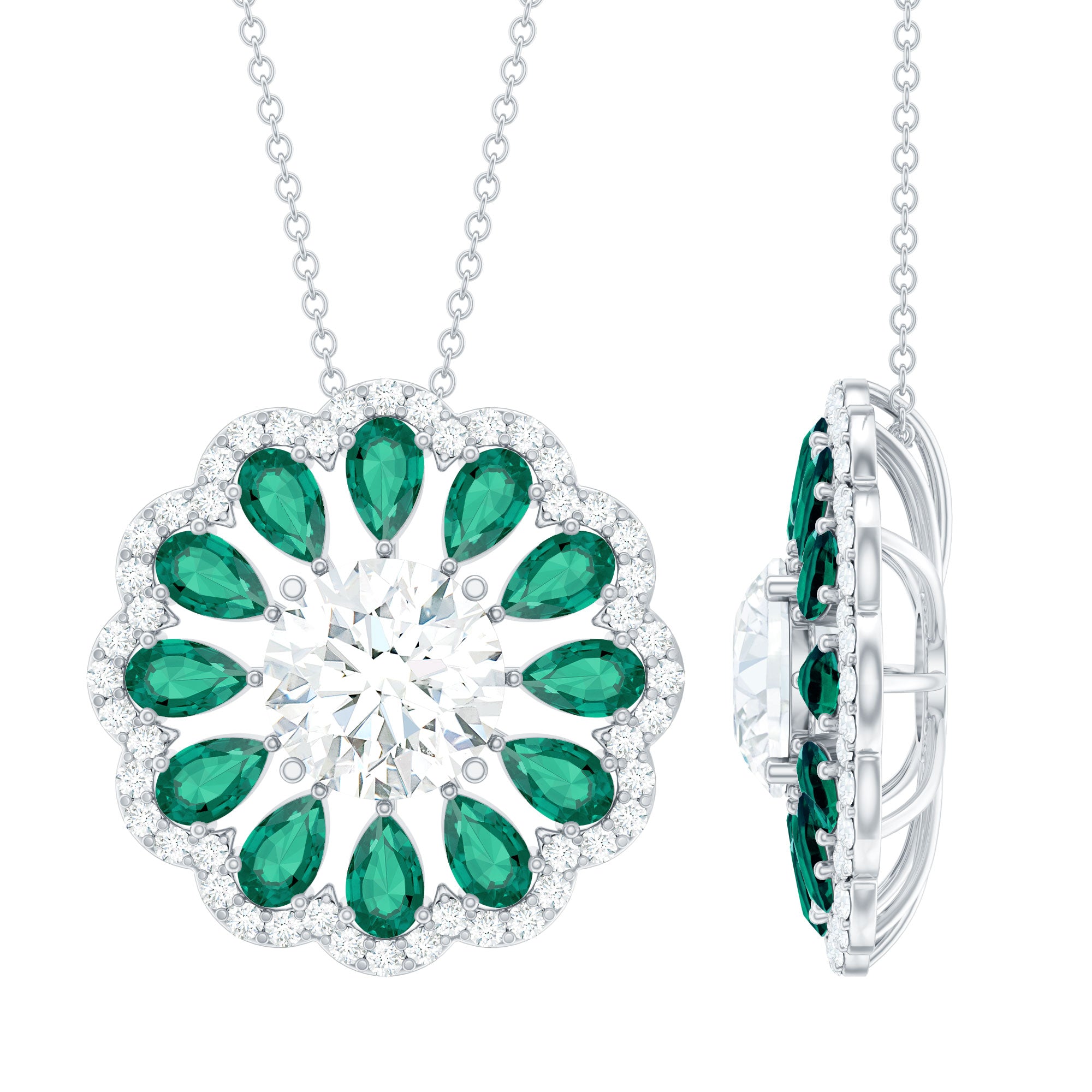 9 MM Lab Grown Diamond Flower Bridal Necklace With Emerald Lab - ( EF-VS ) - Rosec Jewels