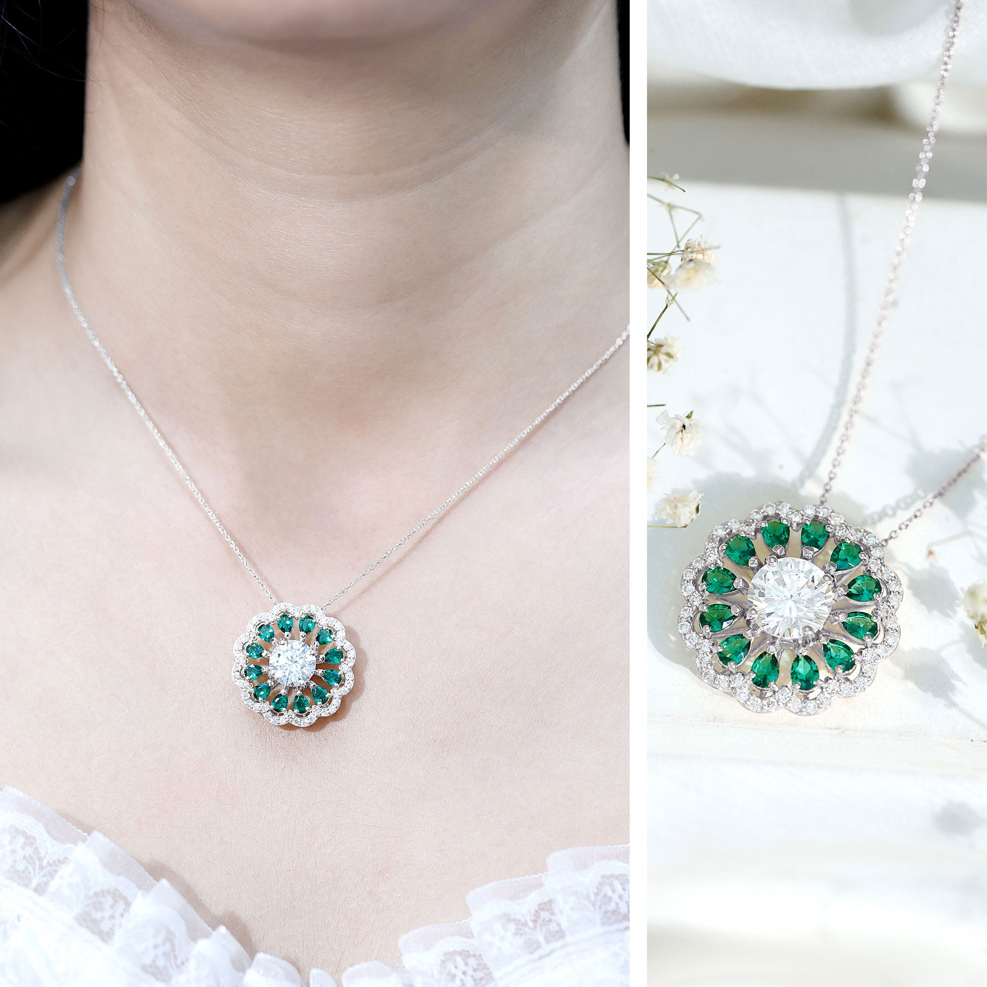 9 MM Lab Grown Diamond Flower Bridal Necklace With Emerald Lab - ( EF-VS ) - Rosec Jewels