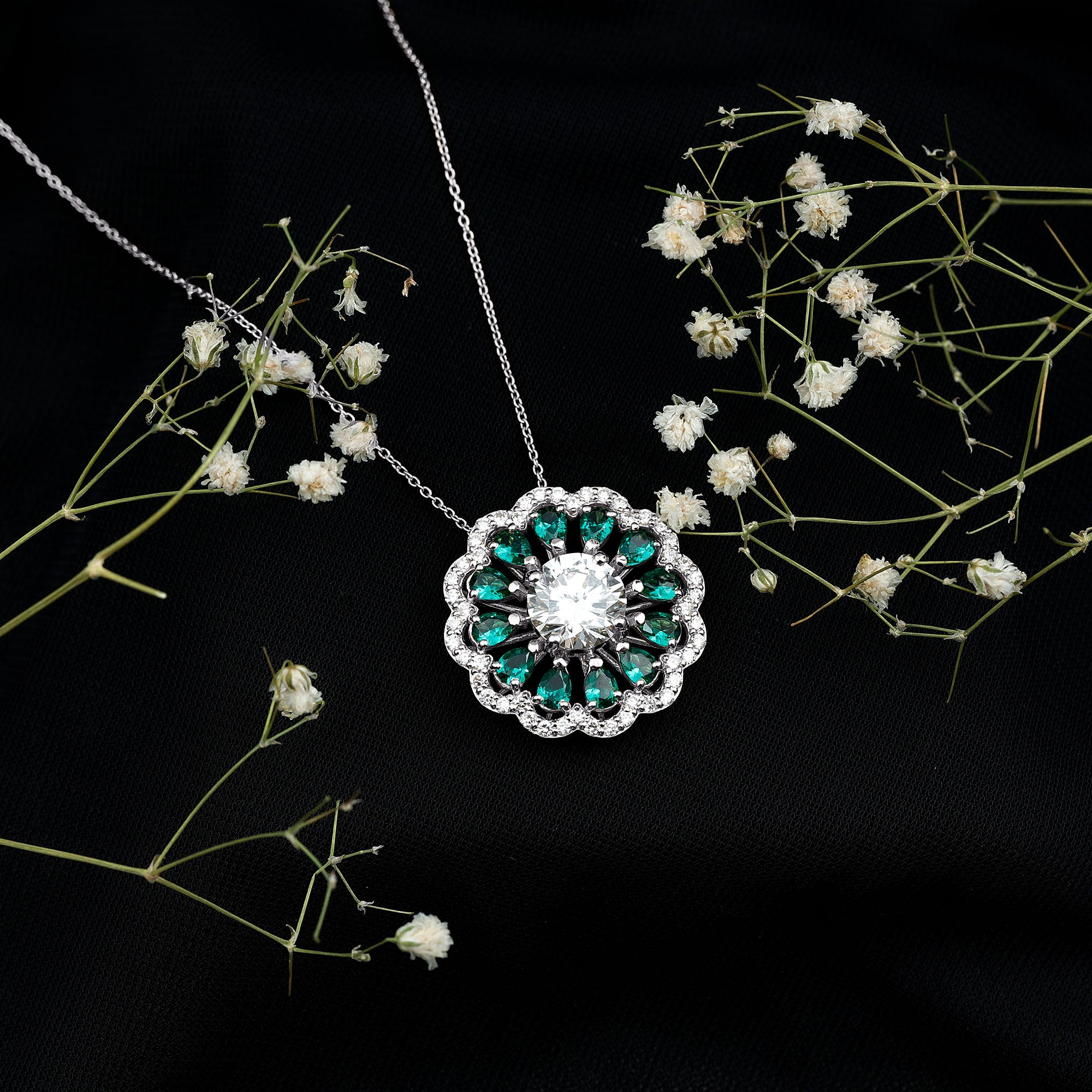 9 MM Lab Grown Diamond Flower Bridal Necklace With Emerald Lab - ( EF-VS ) - Rosec Jewels