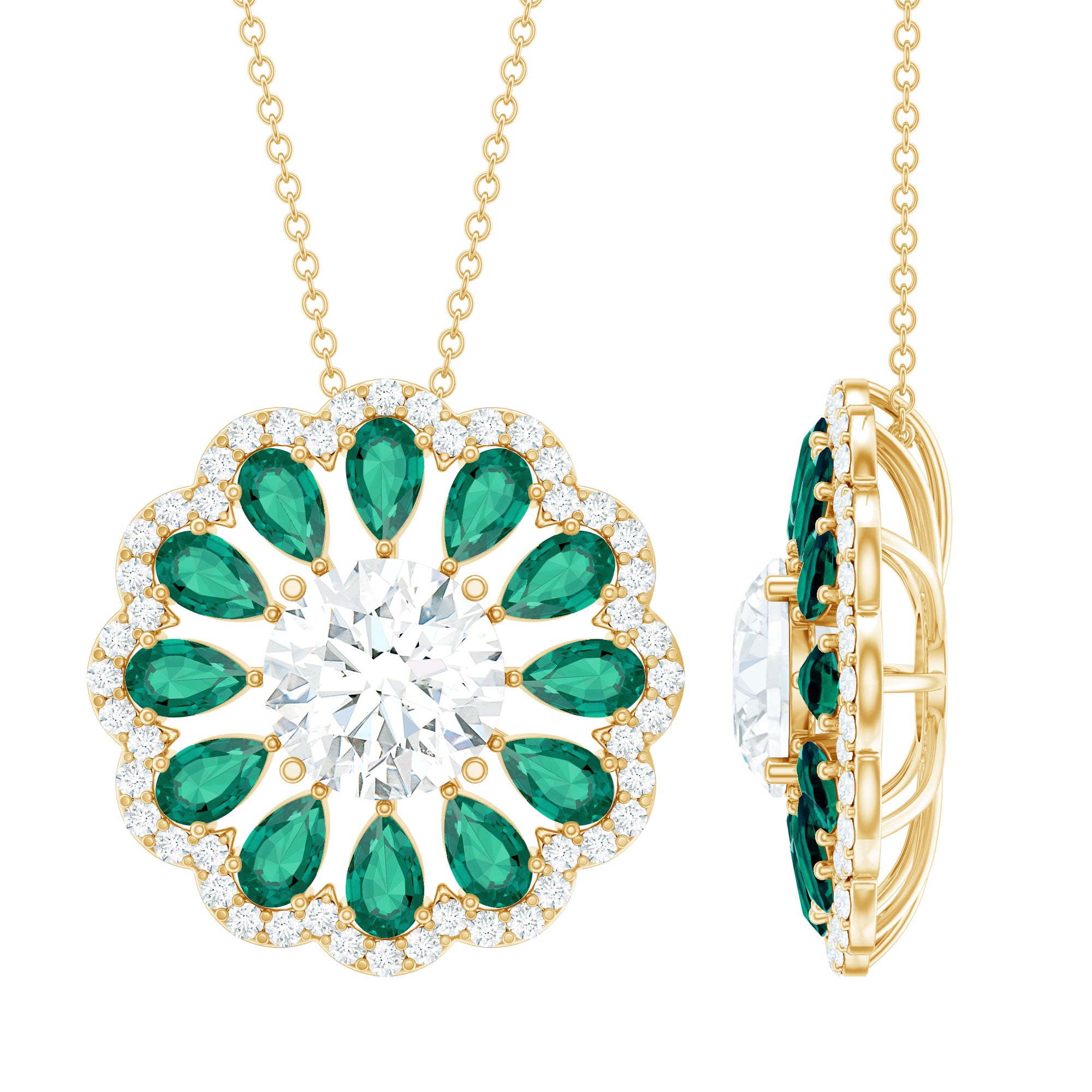 9 MM Lab Grown Diamond Flower Bridal Necklace With Emerald Lab - ( EF-VS ) - Rosec Jewels