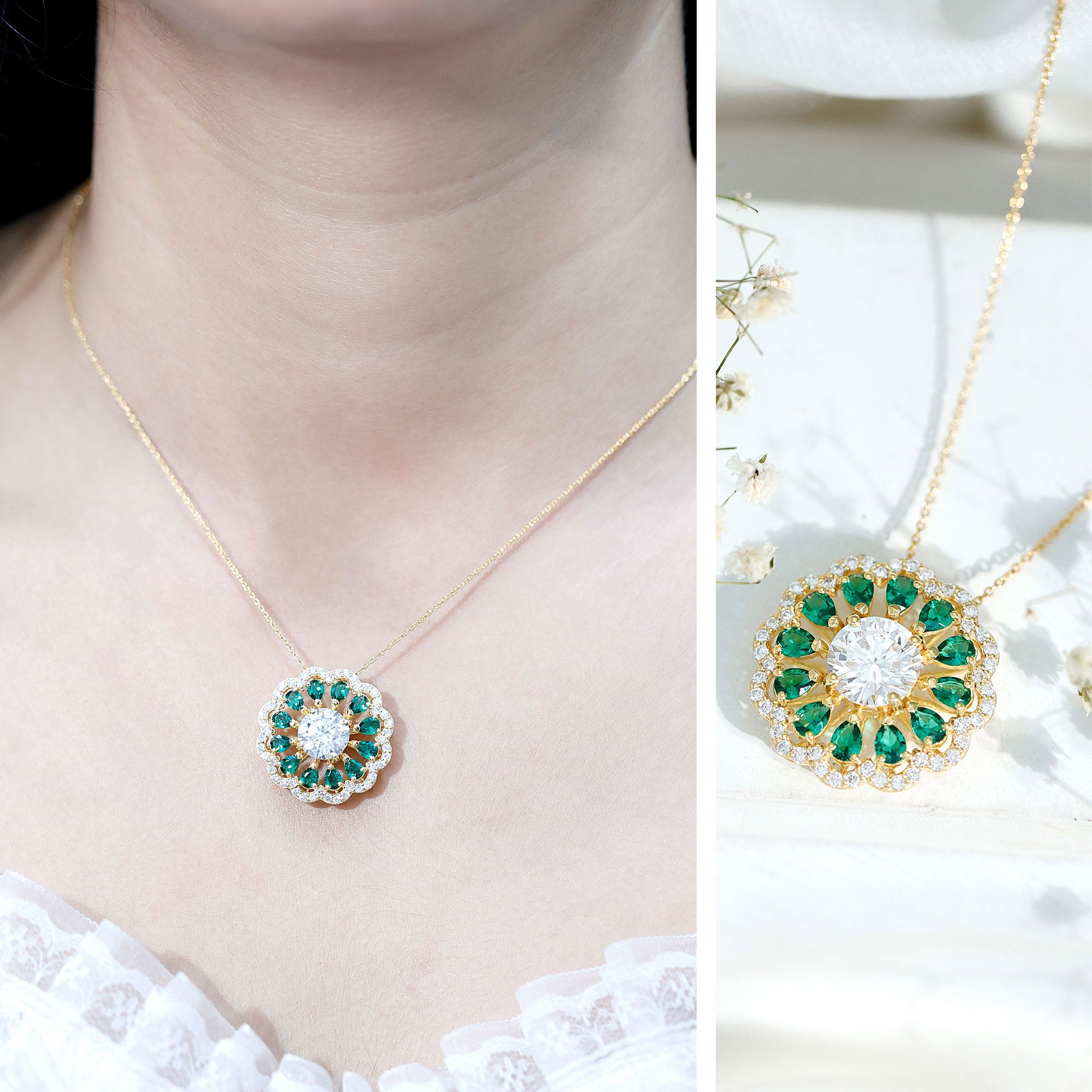 9 MM Lab Grown Diamond Flower Bridal Necklace With Emerald Lab - ( EF-VS ) - Rosec Jewels