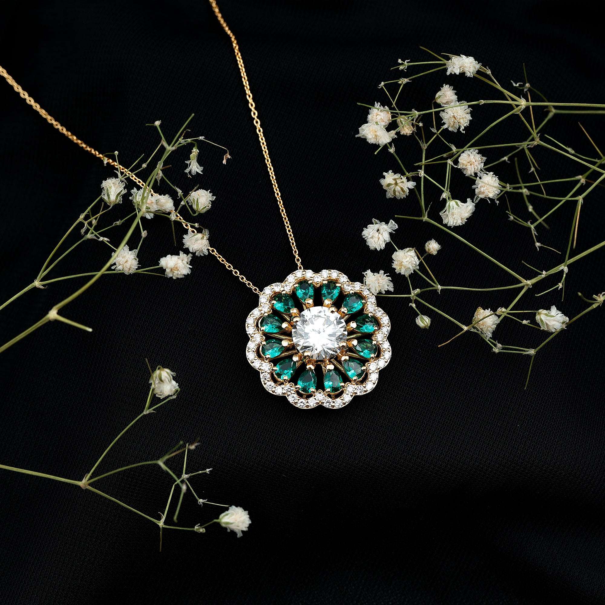 9 MM Lab Grown Diamond Flower Bridal Necklace With Emerald Lab - ( EF-VS ) - Rosec Jewels