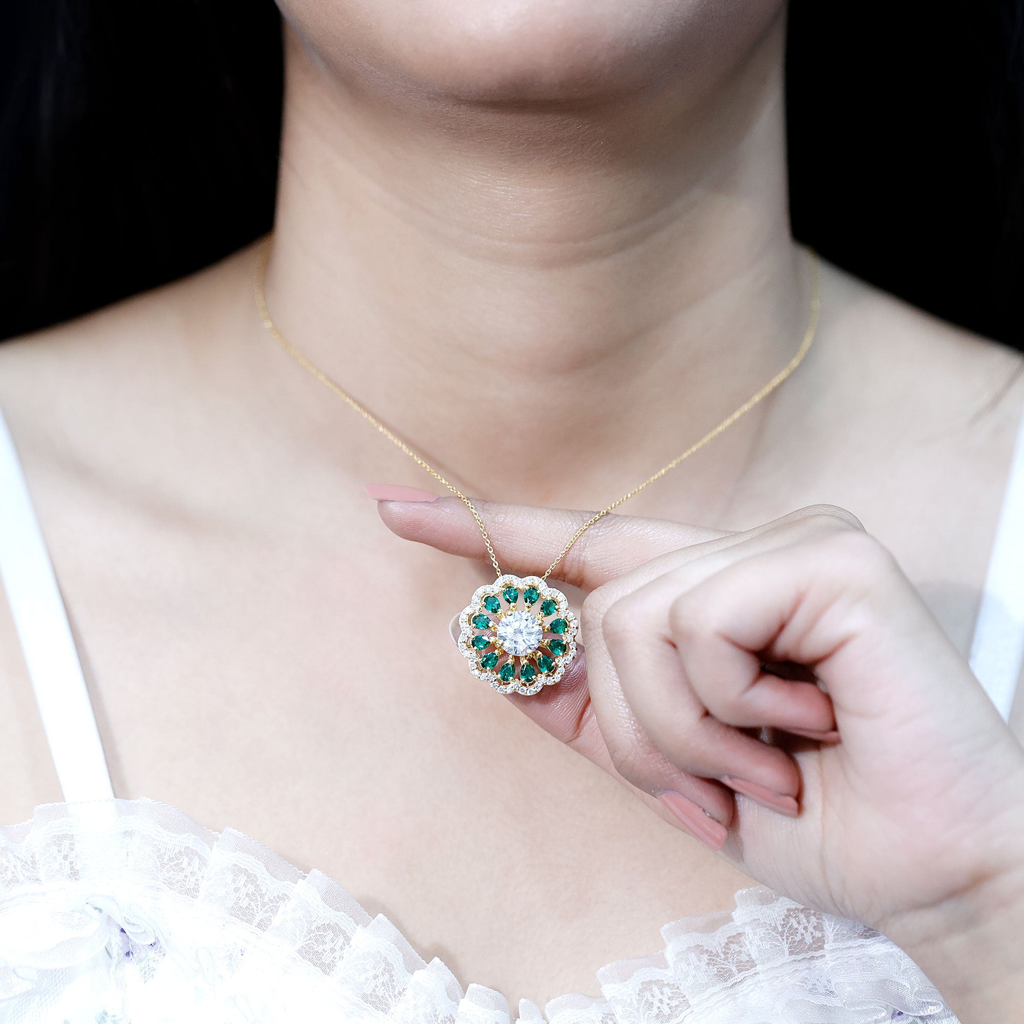 9 MM Lab Grown Diamond Flower Bridal Necklace With Emerald Lab - ( EF-VS ) - Rosec Jewels