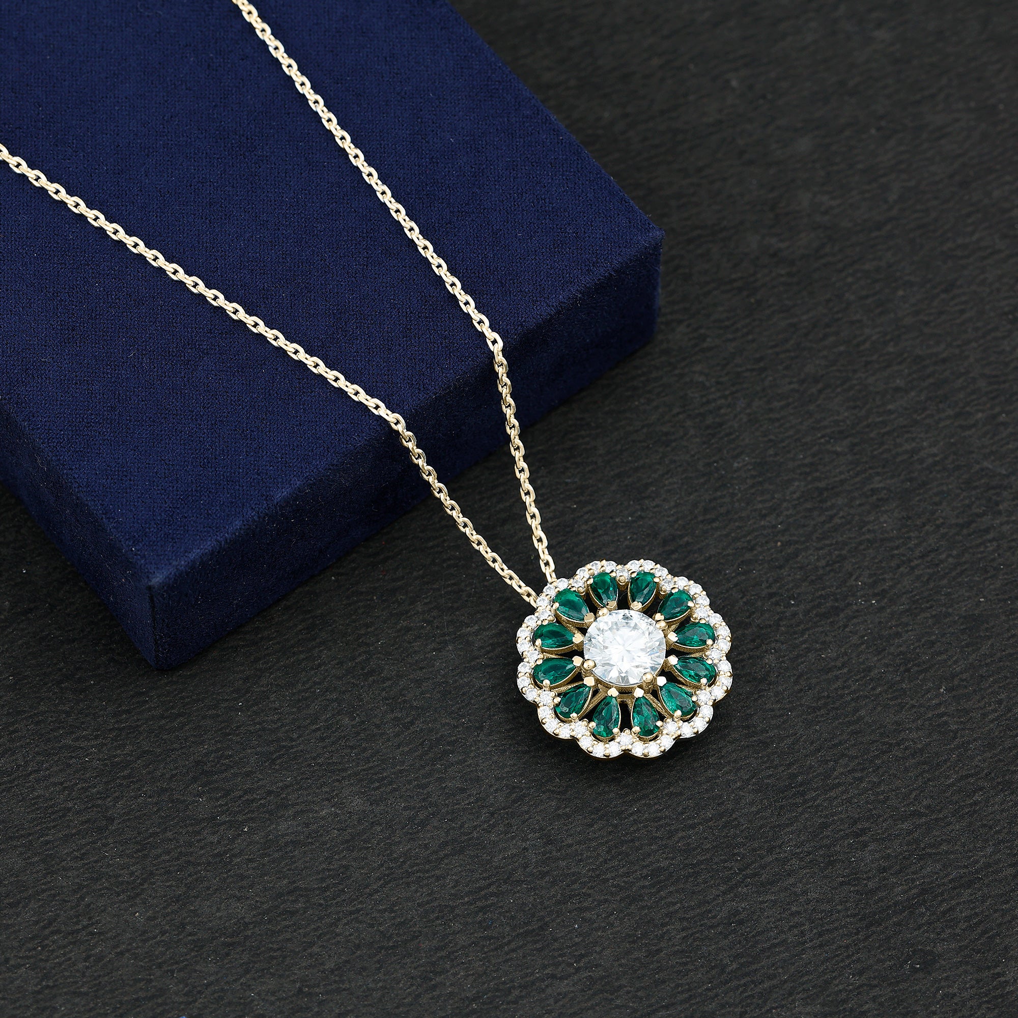 9 MM Lab Grown Diamond Flower Bridal Necklace With Emerald Lab - ( EF-VS ) - Rosec Jewels