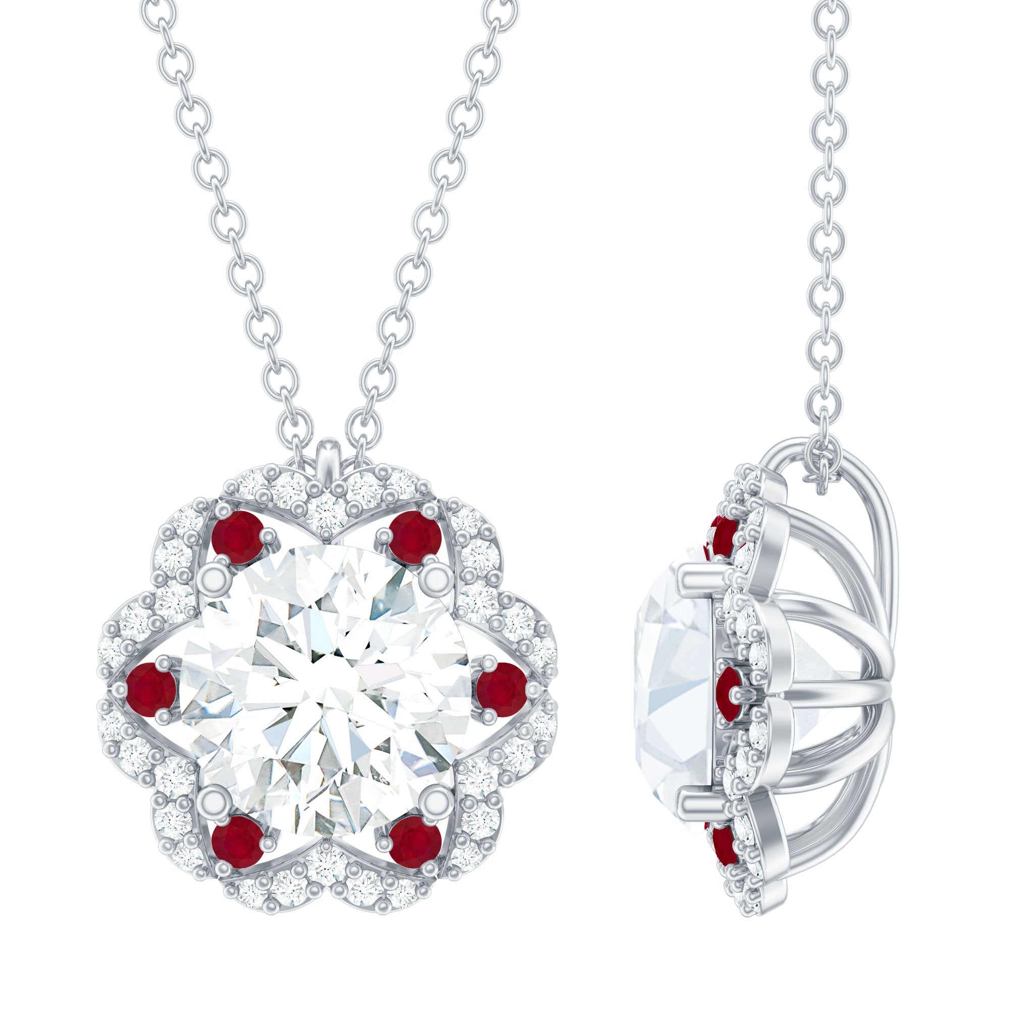 2 Carat Lab Grown Diamond Flower Statement Necklace With Ruby Lab - ( EF-VS ) - Rosec Jewels