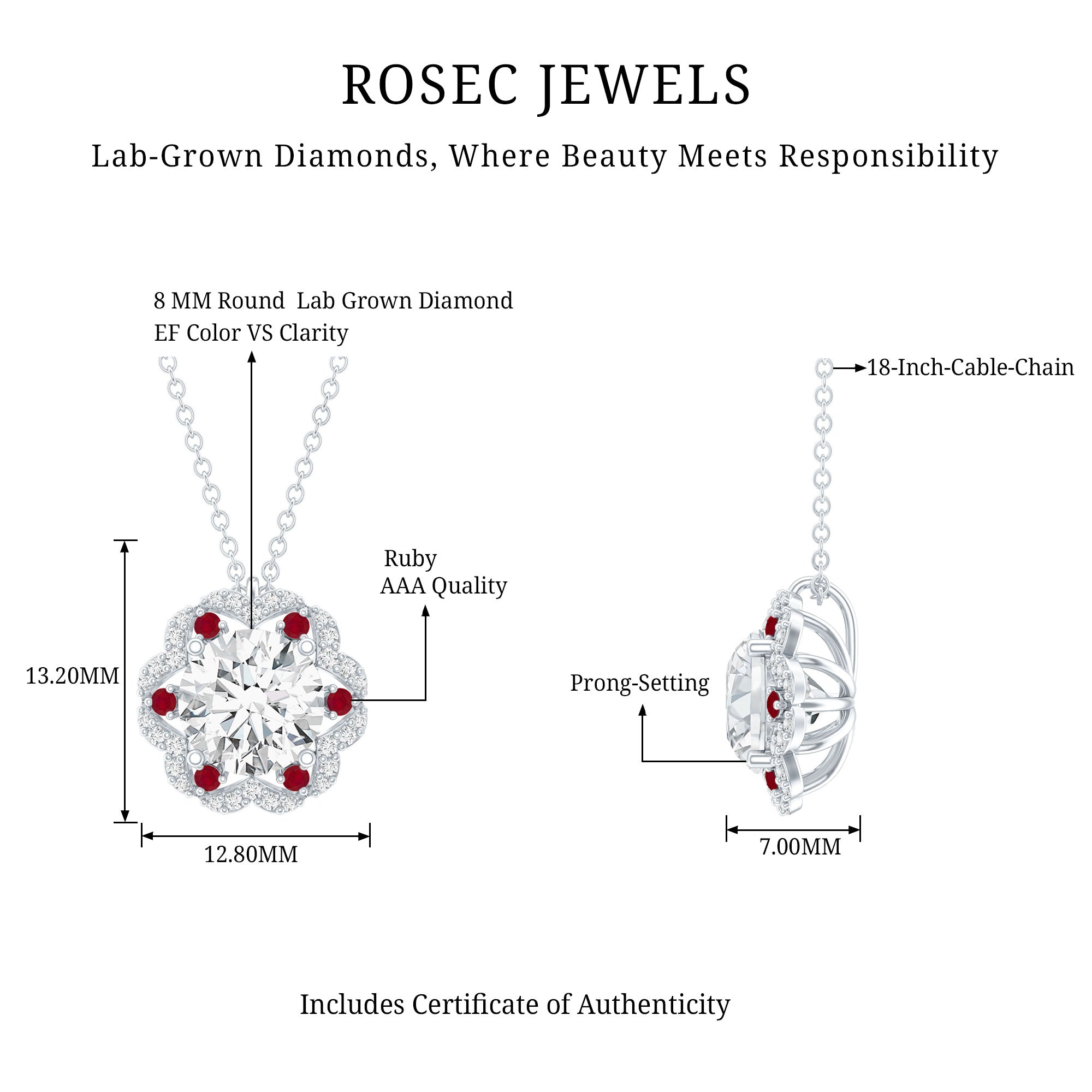 2 Carat Lab Grown Diamond Flower Statement Necklace With Ruby Lab - ( EF-VS ) - Rosec Jewels