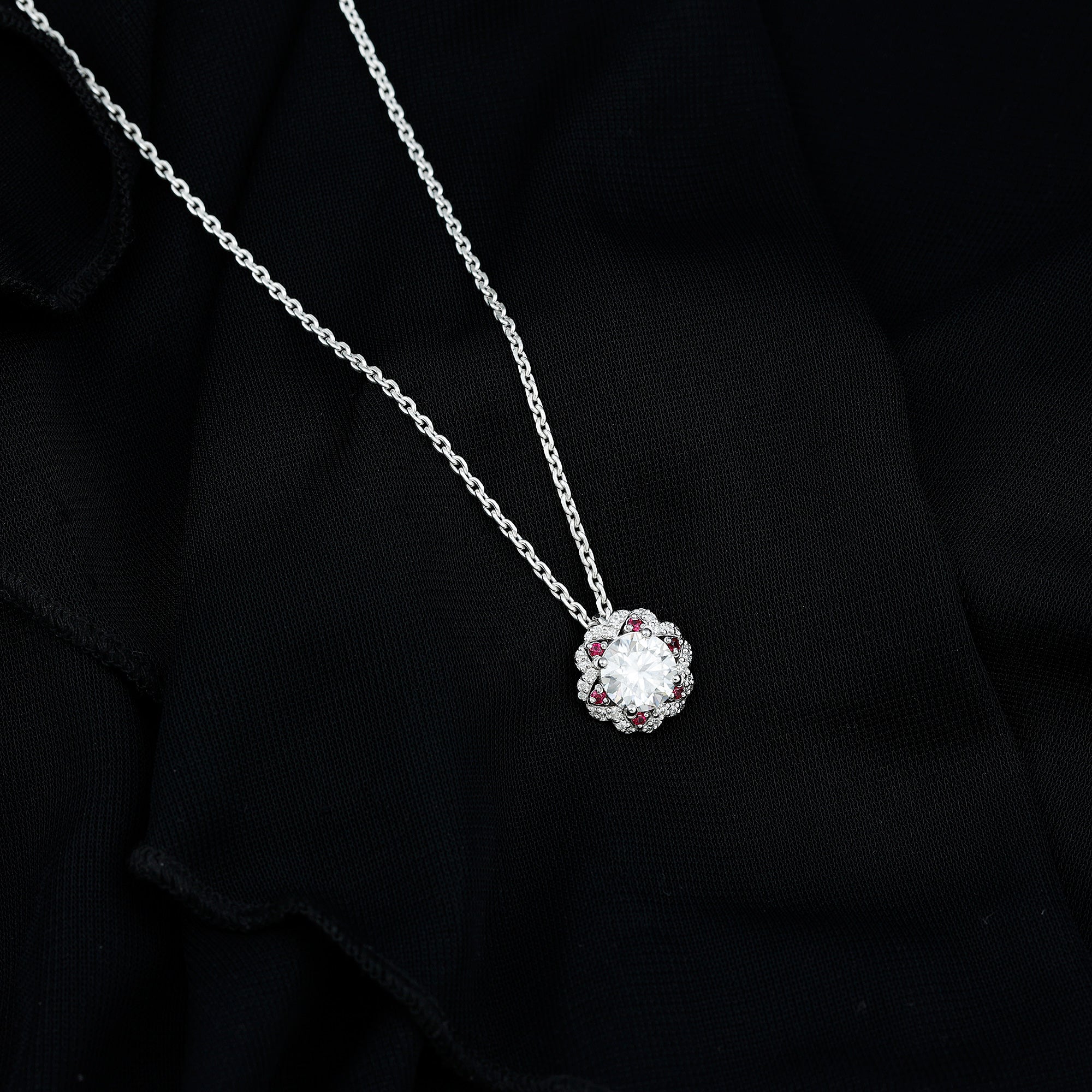 2 Carat Lab Grown Diamond Flower Statement Necklace With Ruby Lab - ( EF-VS ) - Rosec Jewels