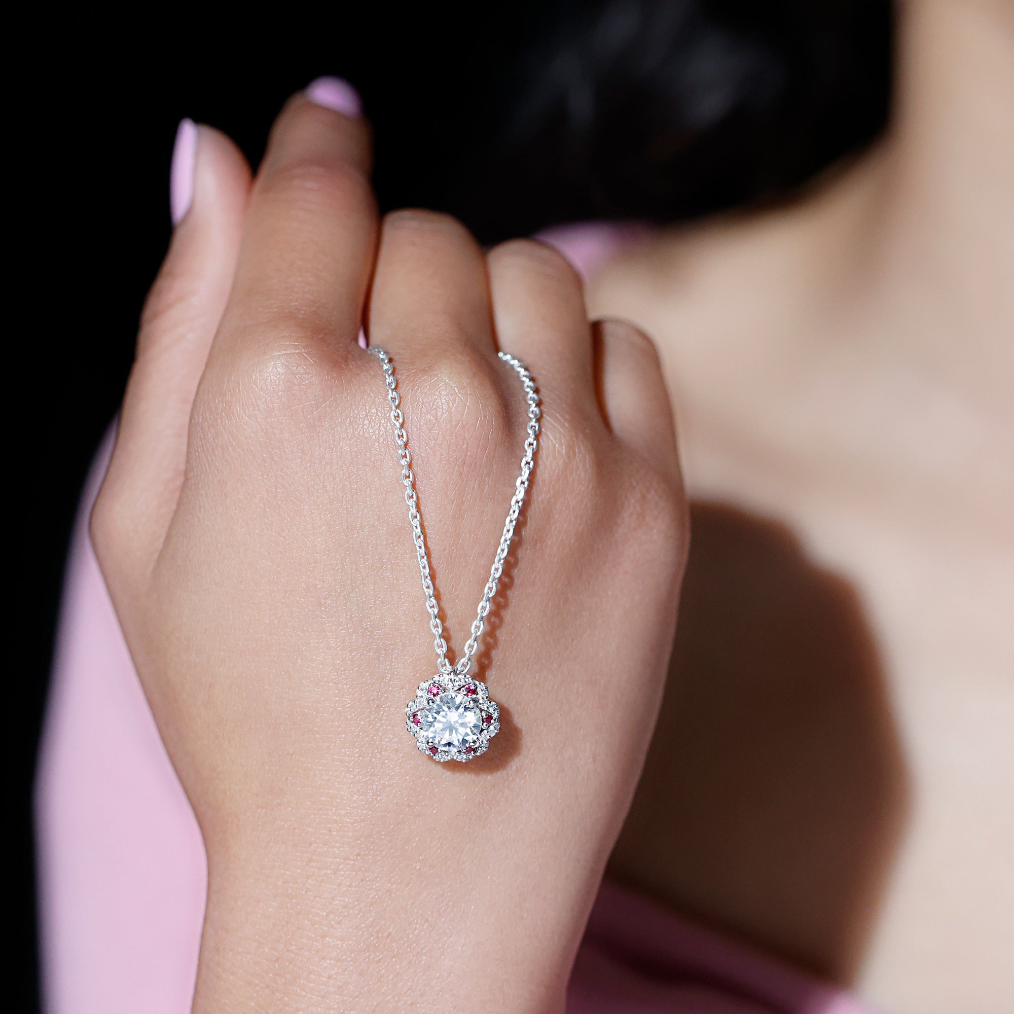 2 Carat Lab Grown Diamond Flower Statement Necklace With Ruby Lab - ( EF-VS ) - Rosec Jewels