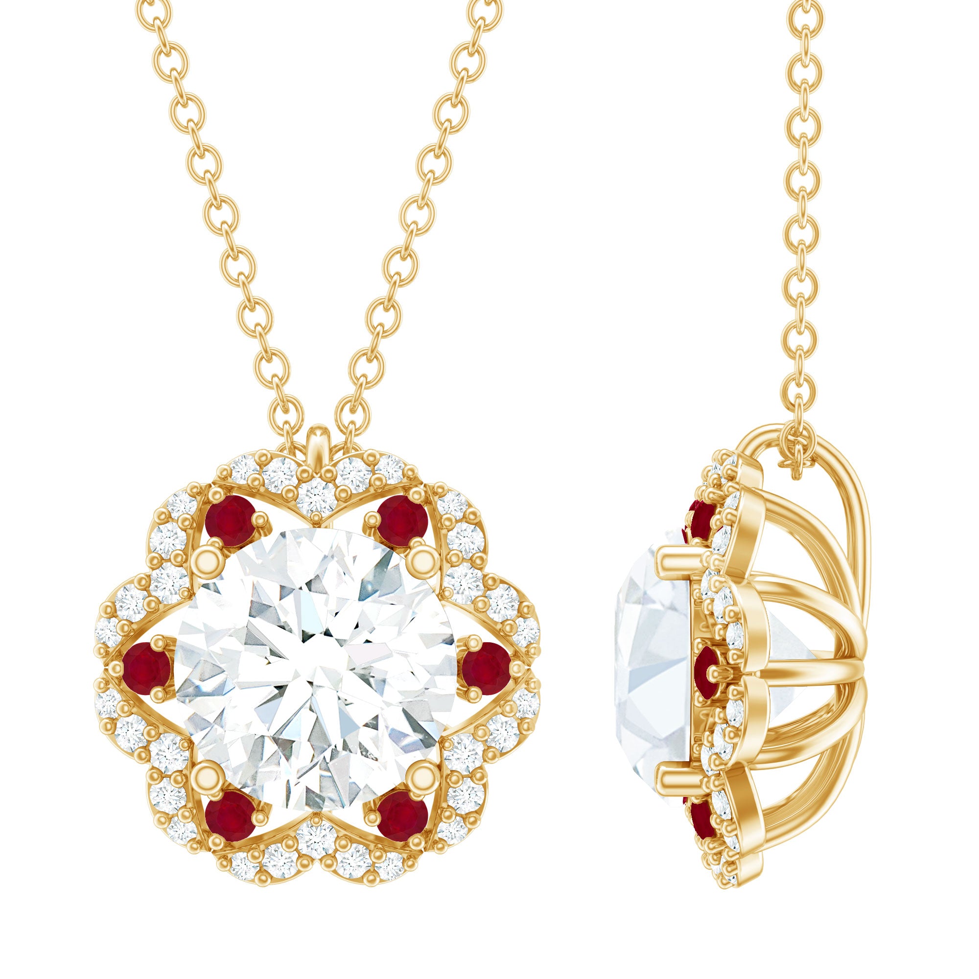 2 Carat Lab Grown Diamond Flower Statement Necklace With Ruby Lab - ( EF-VS ) - Rosec Jewels