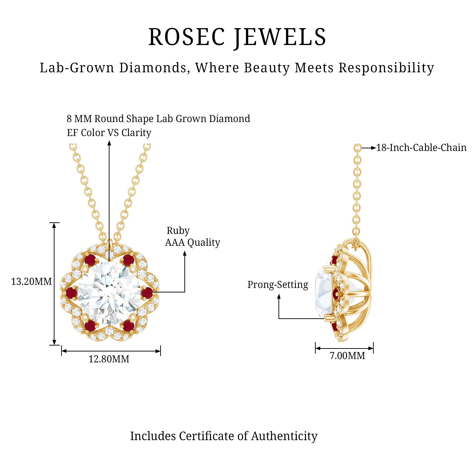 2 Carat Lab Grown Diamond Flower Statement Necklace With Ruby Lab - ( EF-VS ) - Rosec Jewels