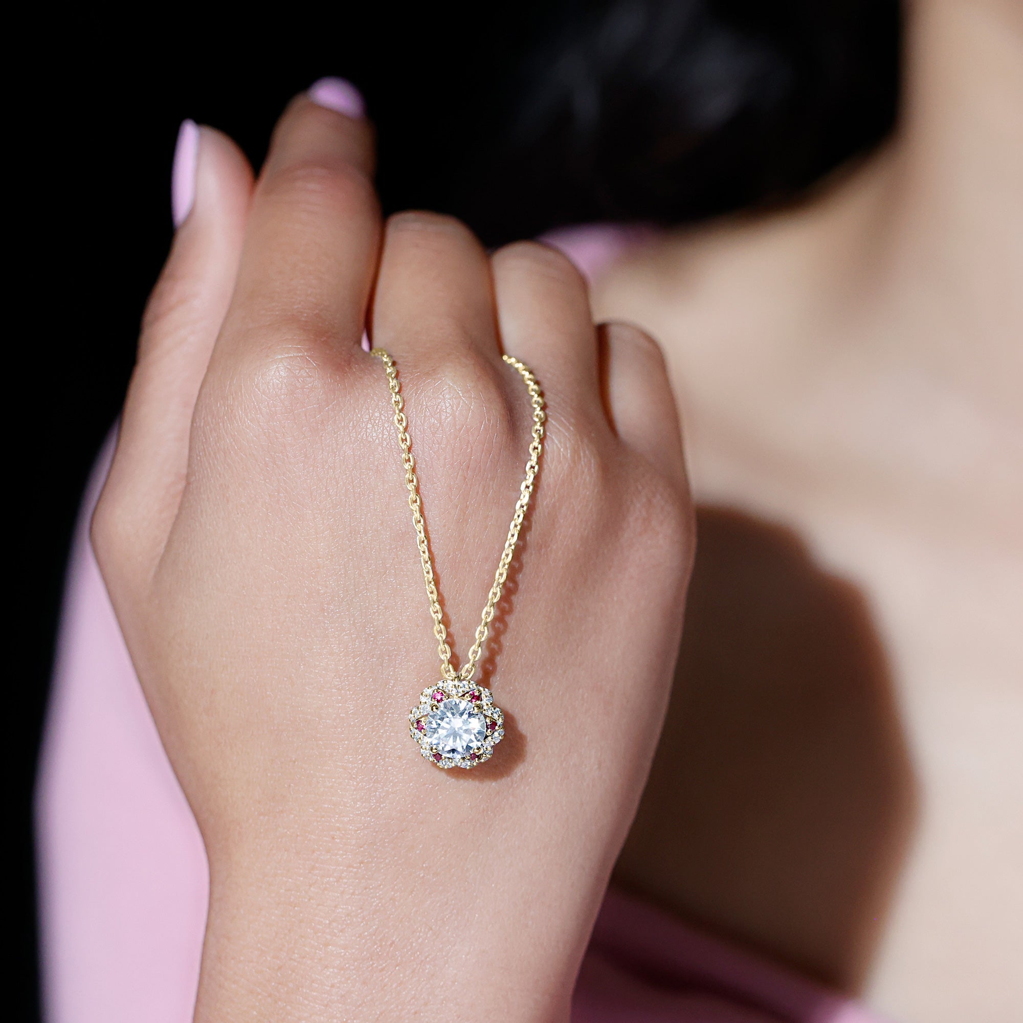 2 Carat Lab Grown Diamond Flower Statement Necklace With Ruby Lab - ( EF-VS ) - Rosec Jewels