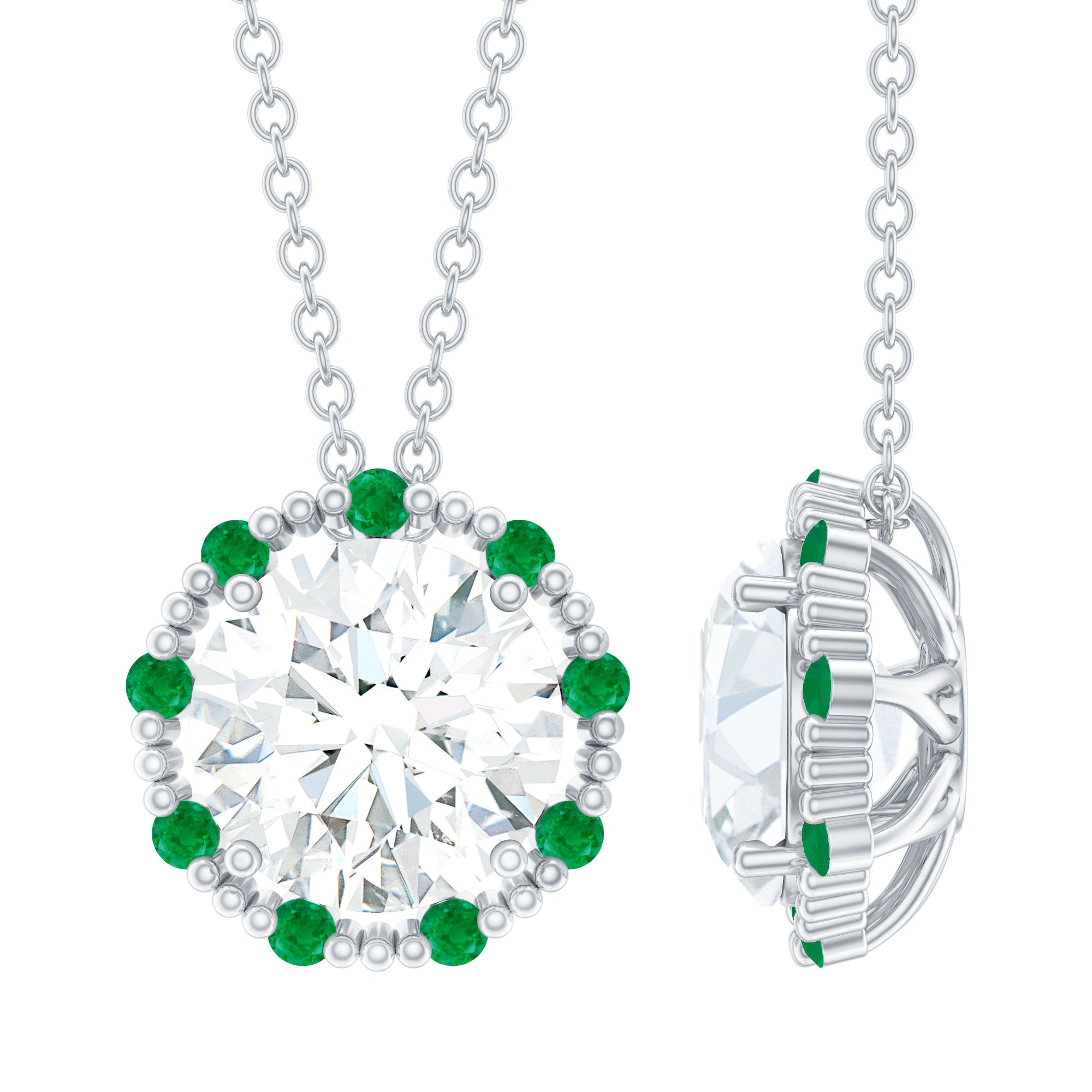 Certified Lab 8 MM Round Diamond Halo Necklace With Emerald Lab - ( EF-VS ) - Rosec Jewels