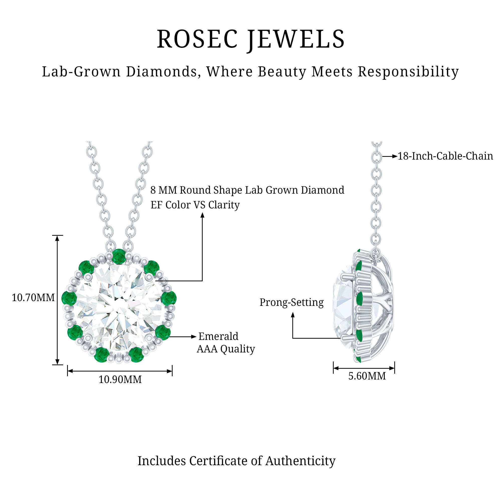 Certified Lab 8 MM Round Diamond Halo Necklace With Emerald Lab - ( EF-VS ) - Rosec Jewels