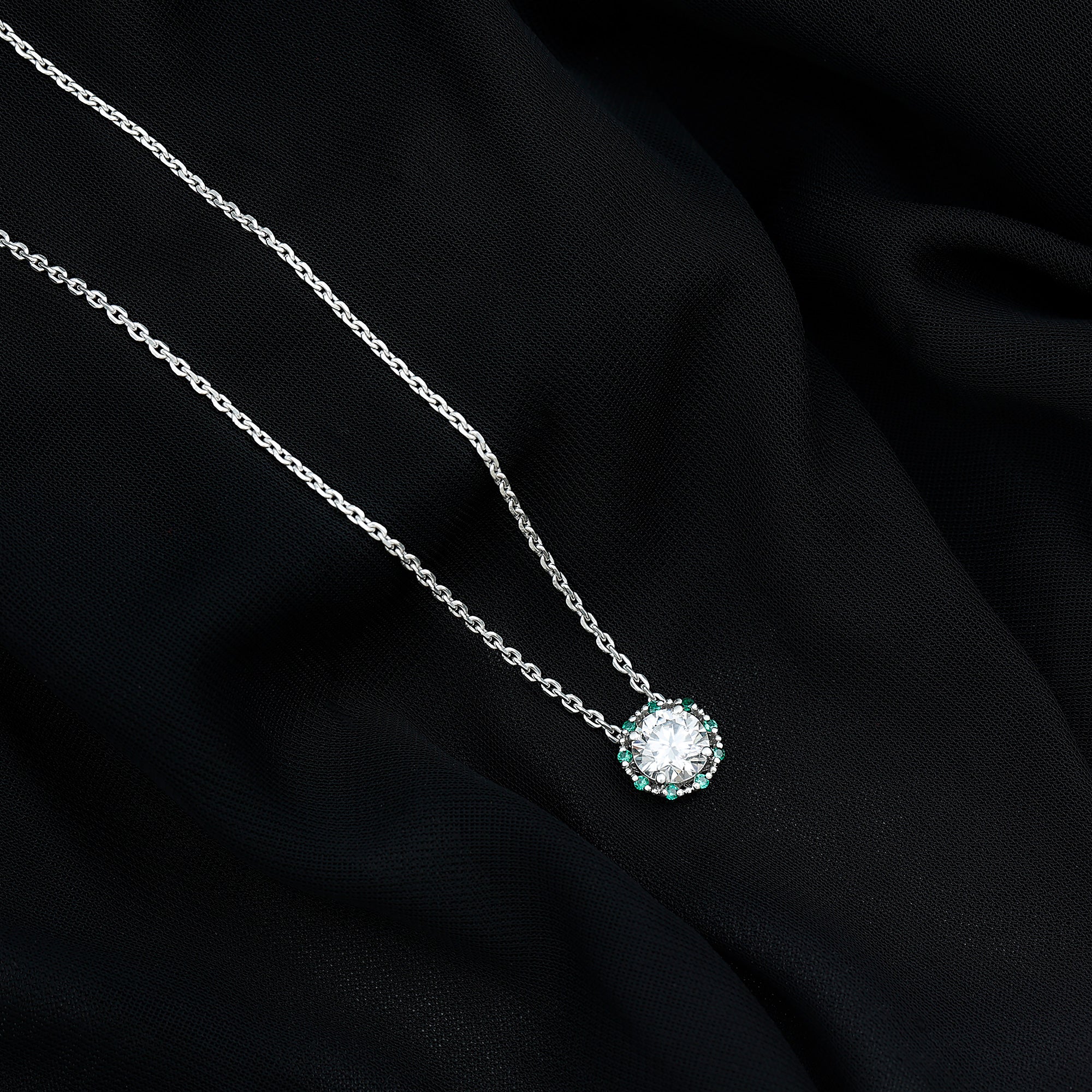 Certified Lab 8 MM Round Diamond Halo Necklace With Emerald Lab - ( EF-VS ) - Rosec Jewels