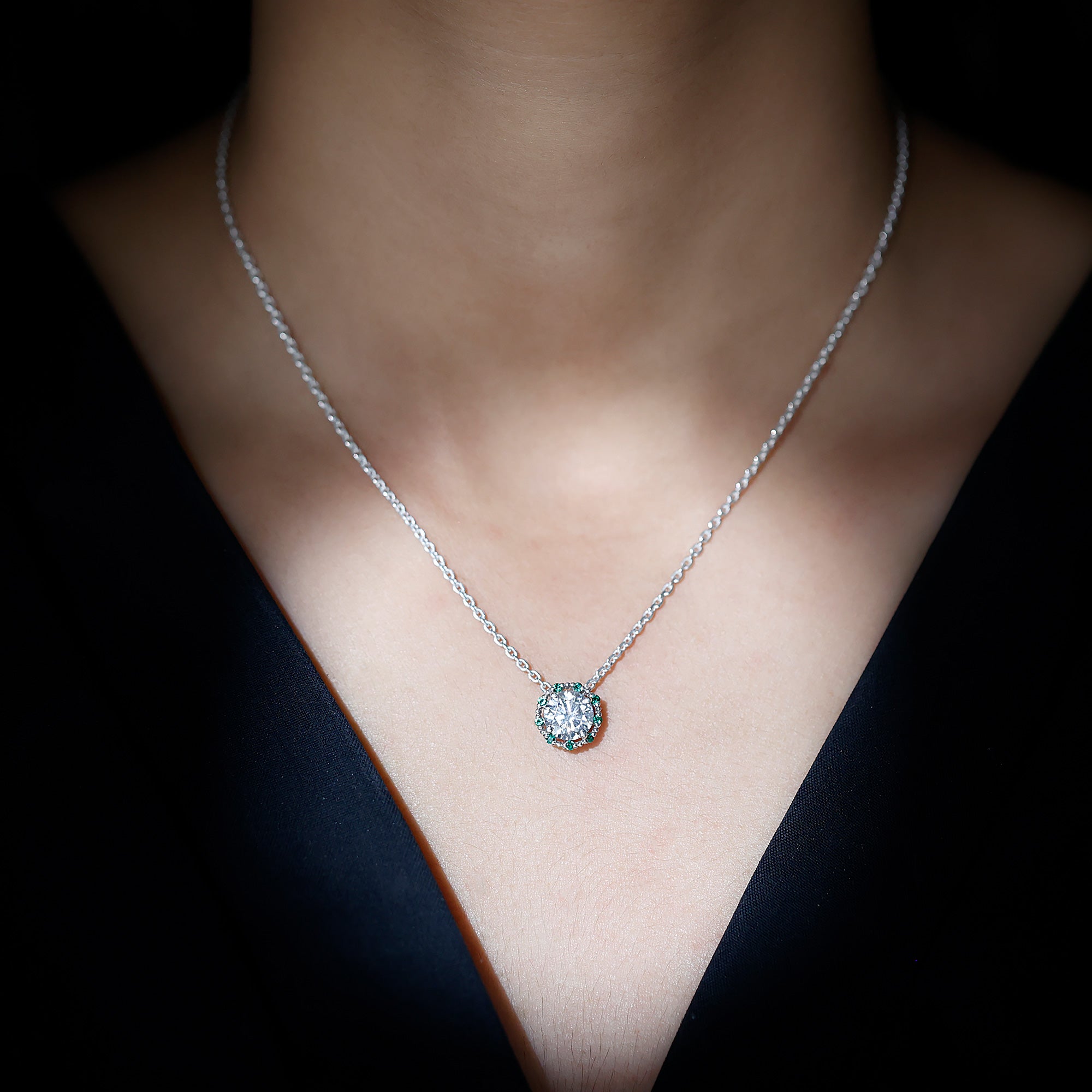 Certified Lab 8 MM Round Diamond Halo Necklace With Emerald Lab - ( EF-VS ) - Rosec Jewels