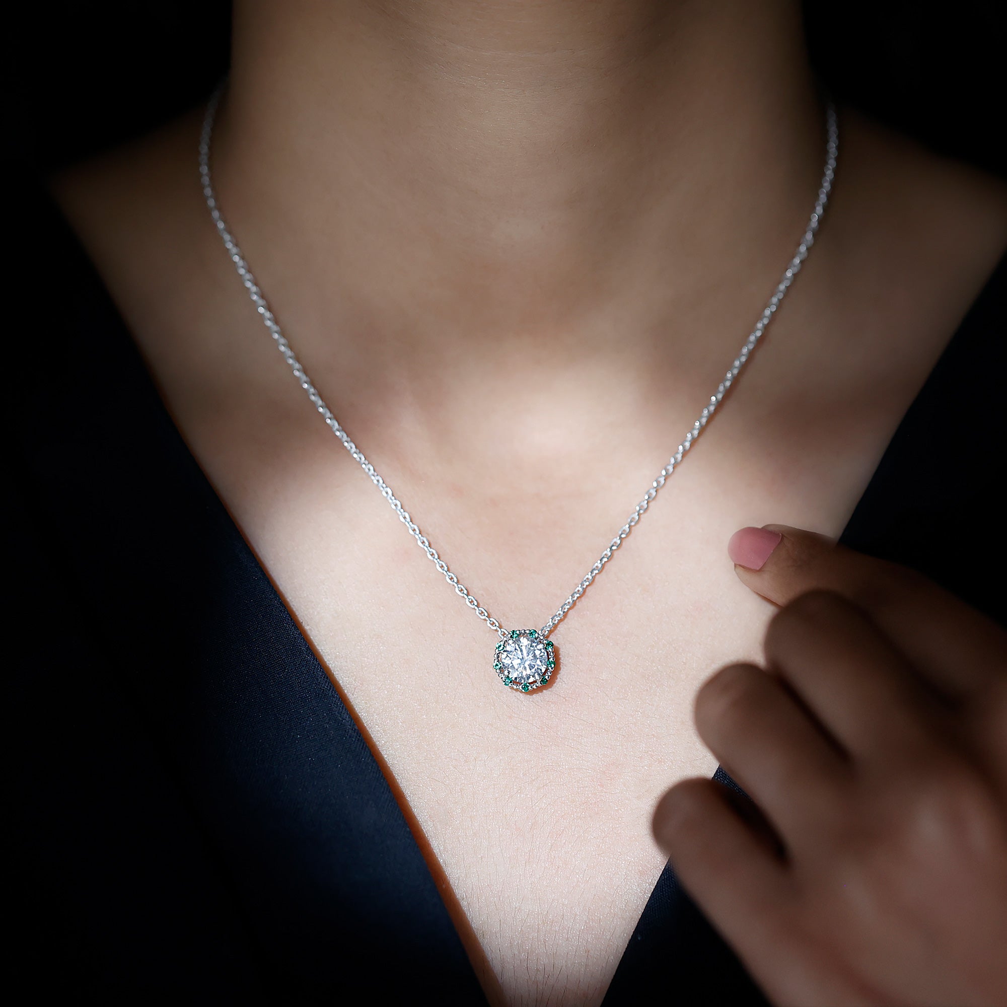 Certified Lab 8 MM Round Diamond Halo Necklace With Emerald Lab - ( EF-VS ) - Rosec Jewels