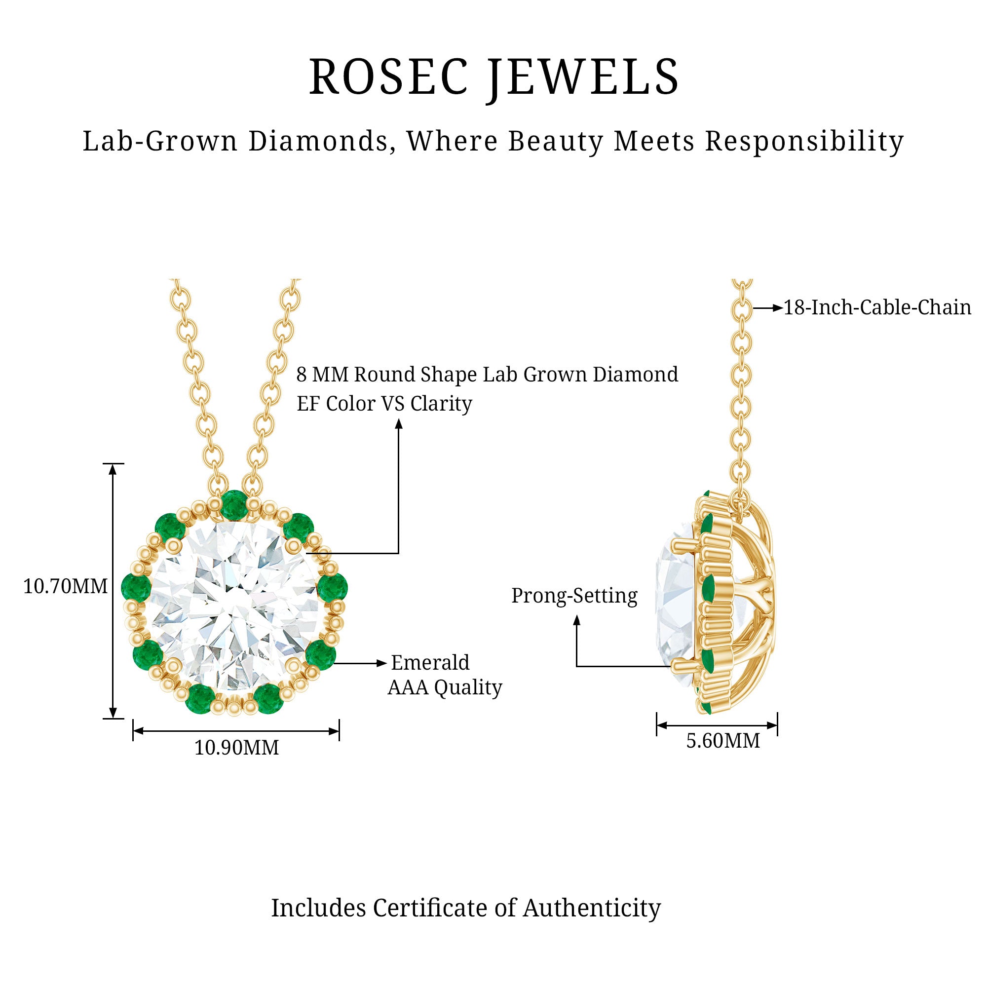 Certified Lab 8 MM Round Diamond Halo Necklace With Emerald Lab - ( EF-VS ) - Rosec Jewels