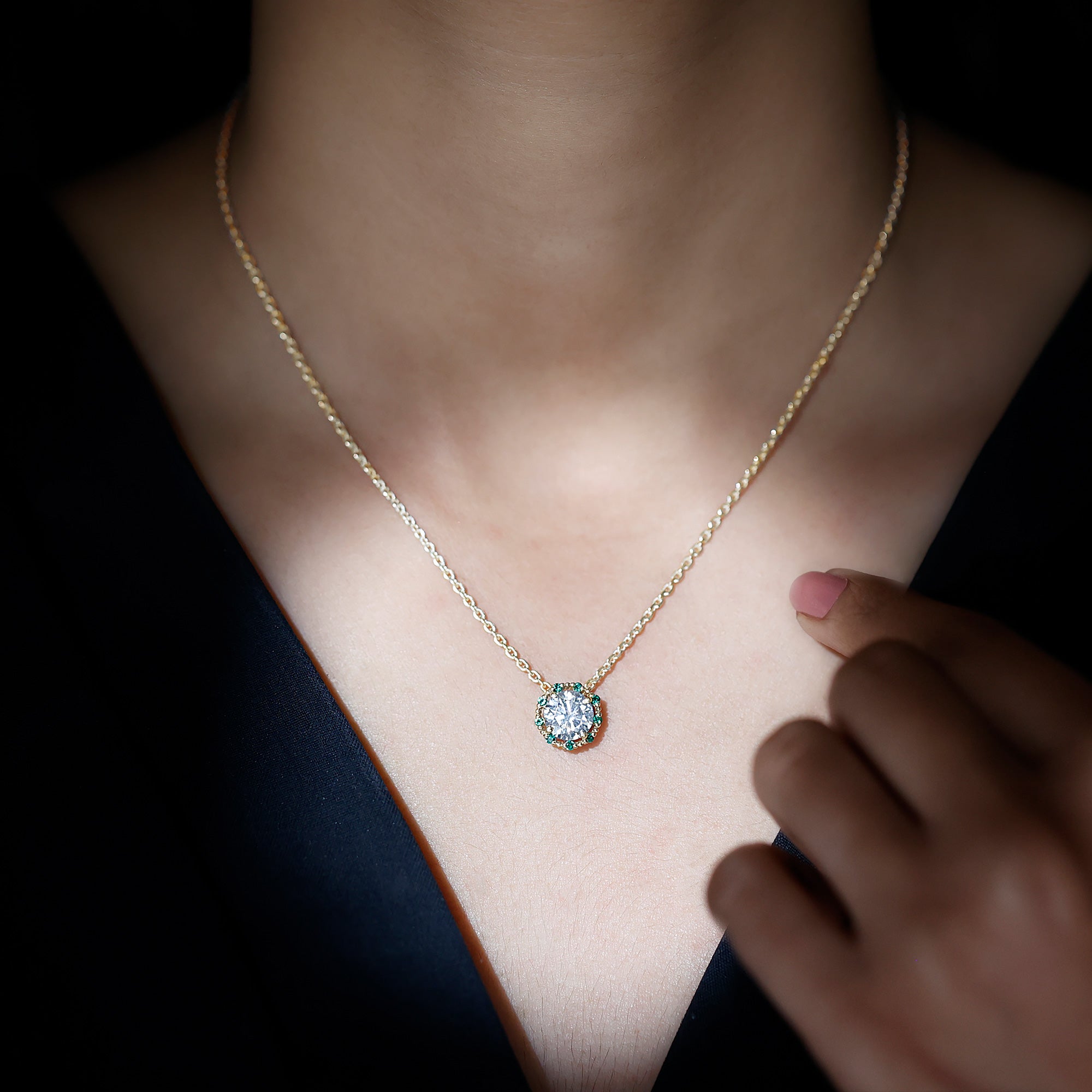 Certified Lab 8 MM Round Diamond Halo Necklace With Emerald Lab - ( EF-VS ) - Rosec Jewels
