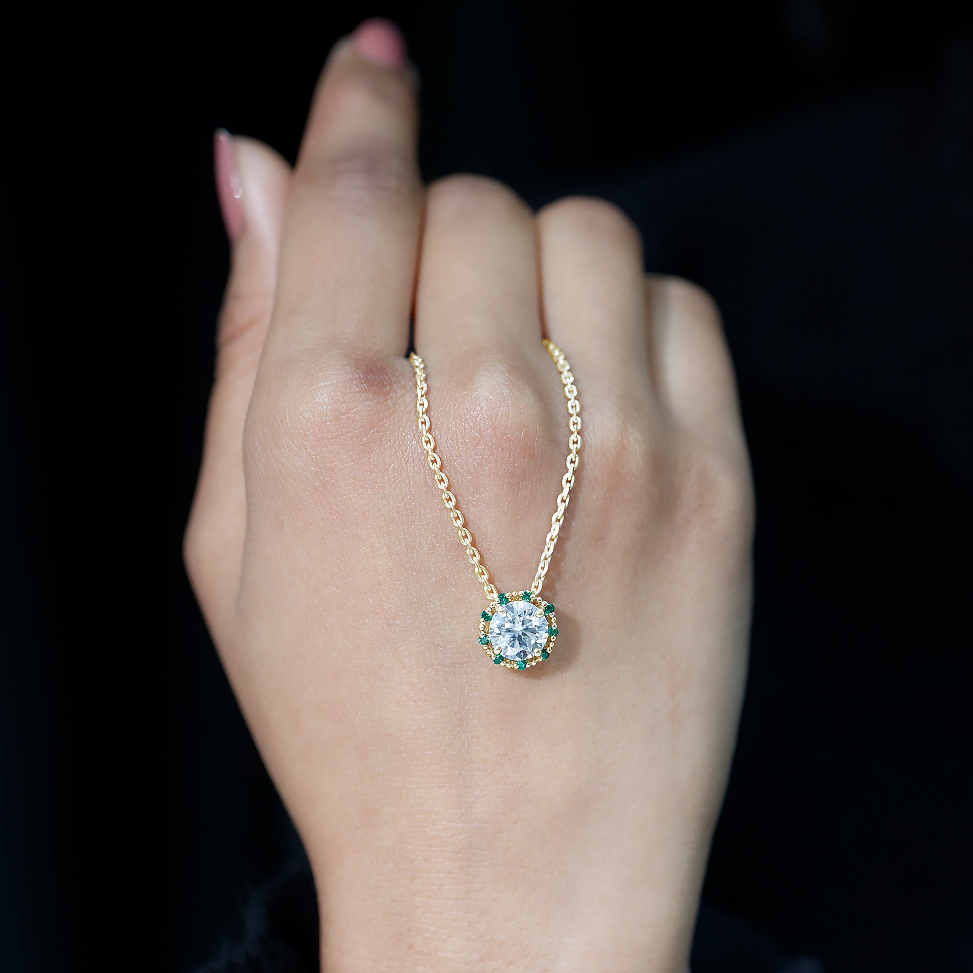 Certified Lab 8 MM Round Diamond Halo Necklace With Emerald Lab - ( EF-VS ) - Rosec Jewels