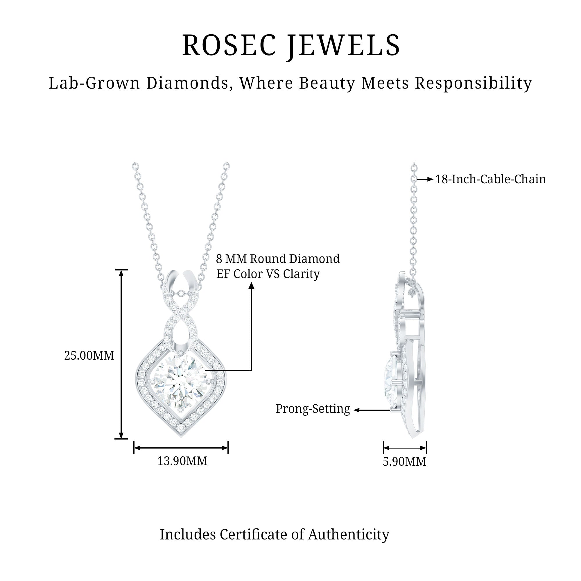 8 MM Round Lab Grown Diamond Infinity Loop Necklace Lab - ( EF-VS ) - Rosec Jewels