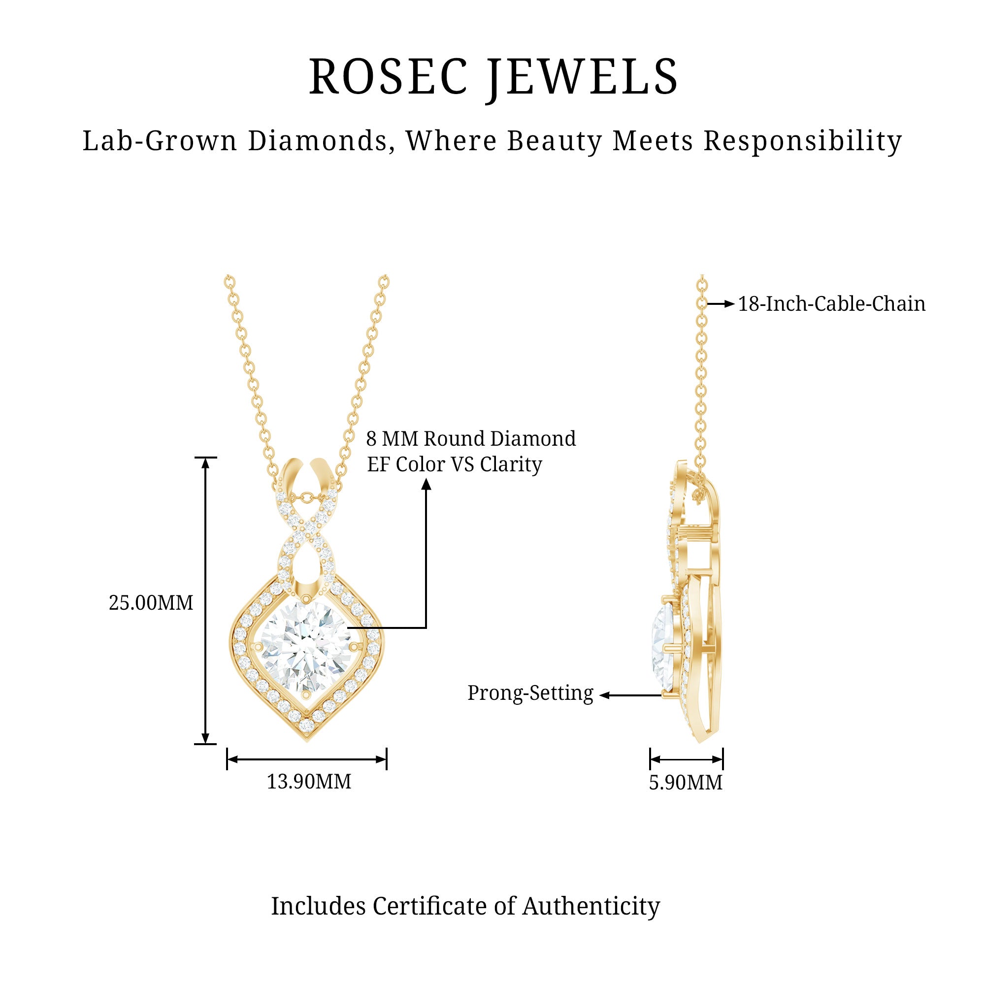 8 MM Round Lab Grown Diamond Infinity Loop Necklace Lab - ( EF-VS ) - Rosec Jewels