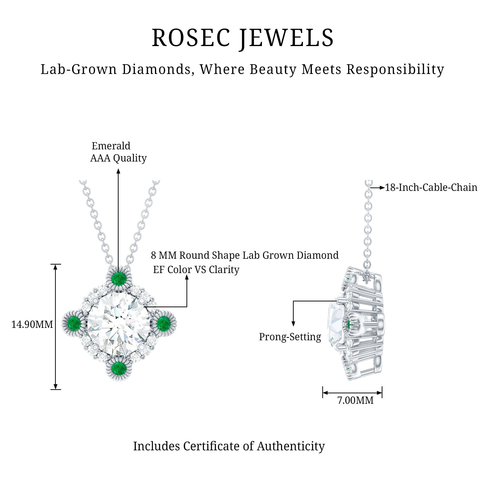 Lab Grown Diamond Bridal Necklace With Emerald Lab - ( EF-VS ) - Rosec Jewels