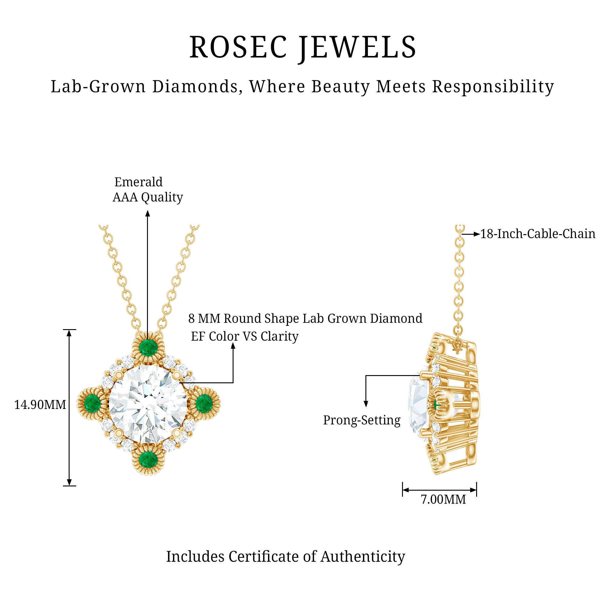 Lab Grown Diamond Bridal Necklace With Emerald Lab - ( EF-VS ) - Rosec Jewels