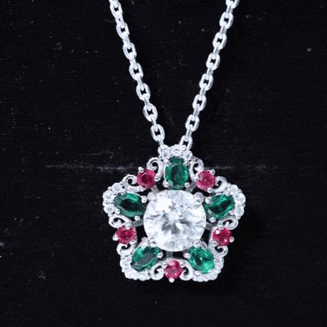 Lab Grown Diamond Cocktail Necklace With Emerald Ruby Lab - ( EF-VS ) - Rosec Jewels