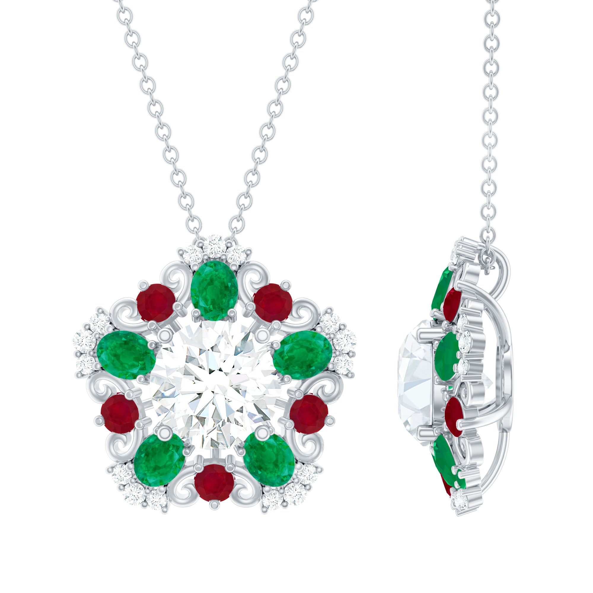 Lab Grown Diamond Cocktail Necklace With Emerald Ruby Lab - ( EF-VS ) - Rosec Jewels