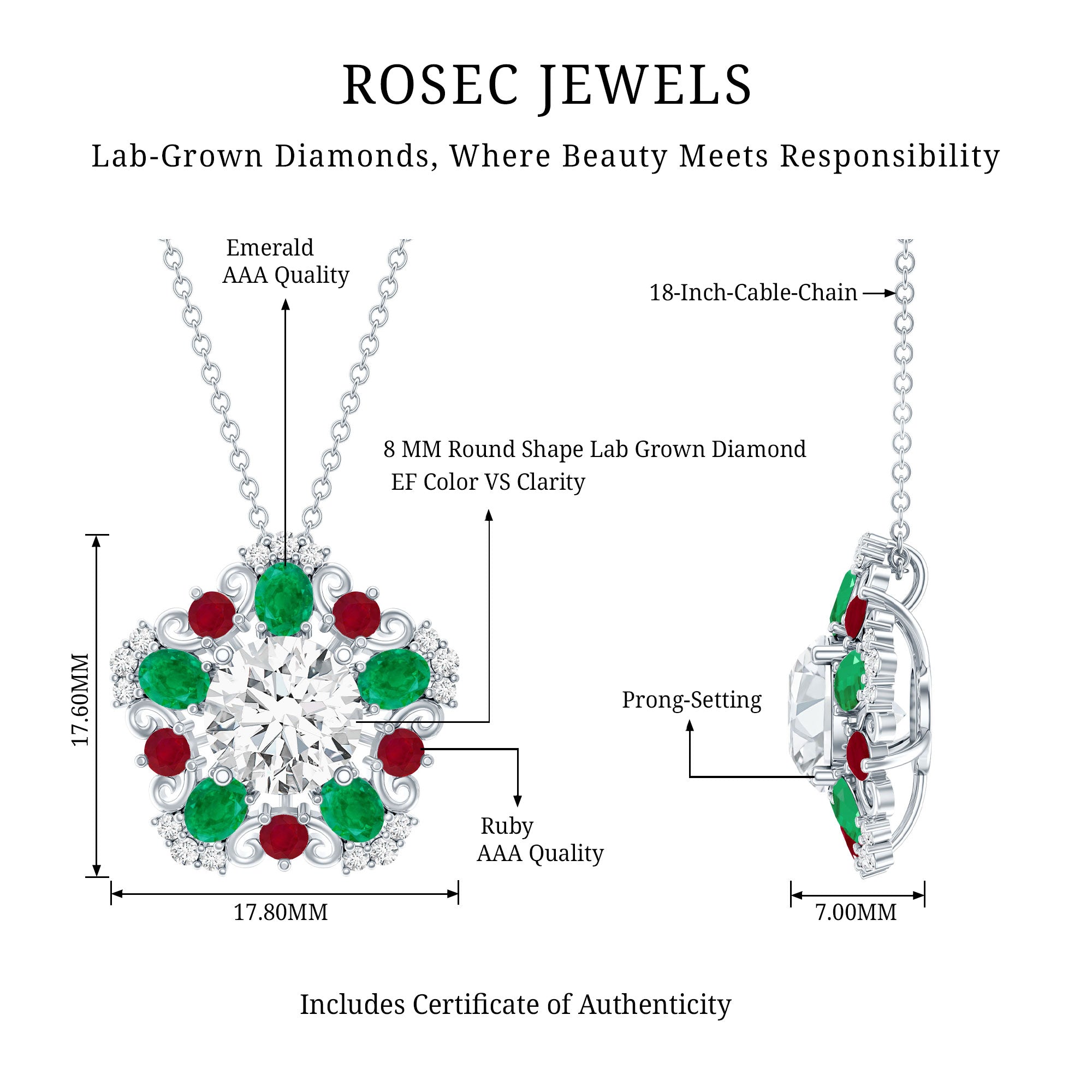 Lab Grown Diamond Cocktail Necklace With Emerald Ruby Lab - ( EF-VS ) - Rosec Jewels