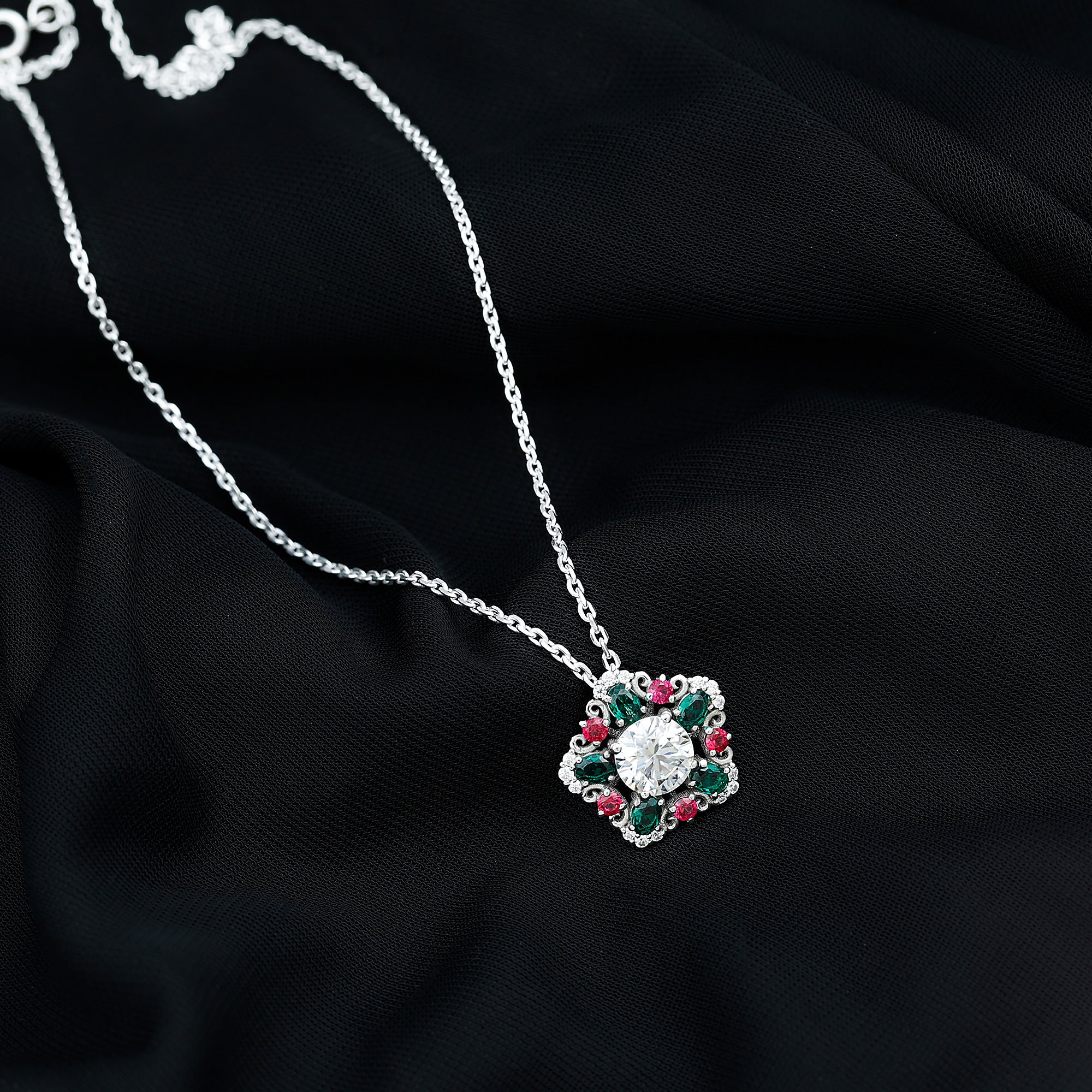 Lab Grown Diamond Cocktail Necklace With Emerald Ruby Lab - ( EF-VS ) - Rosec Jewels