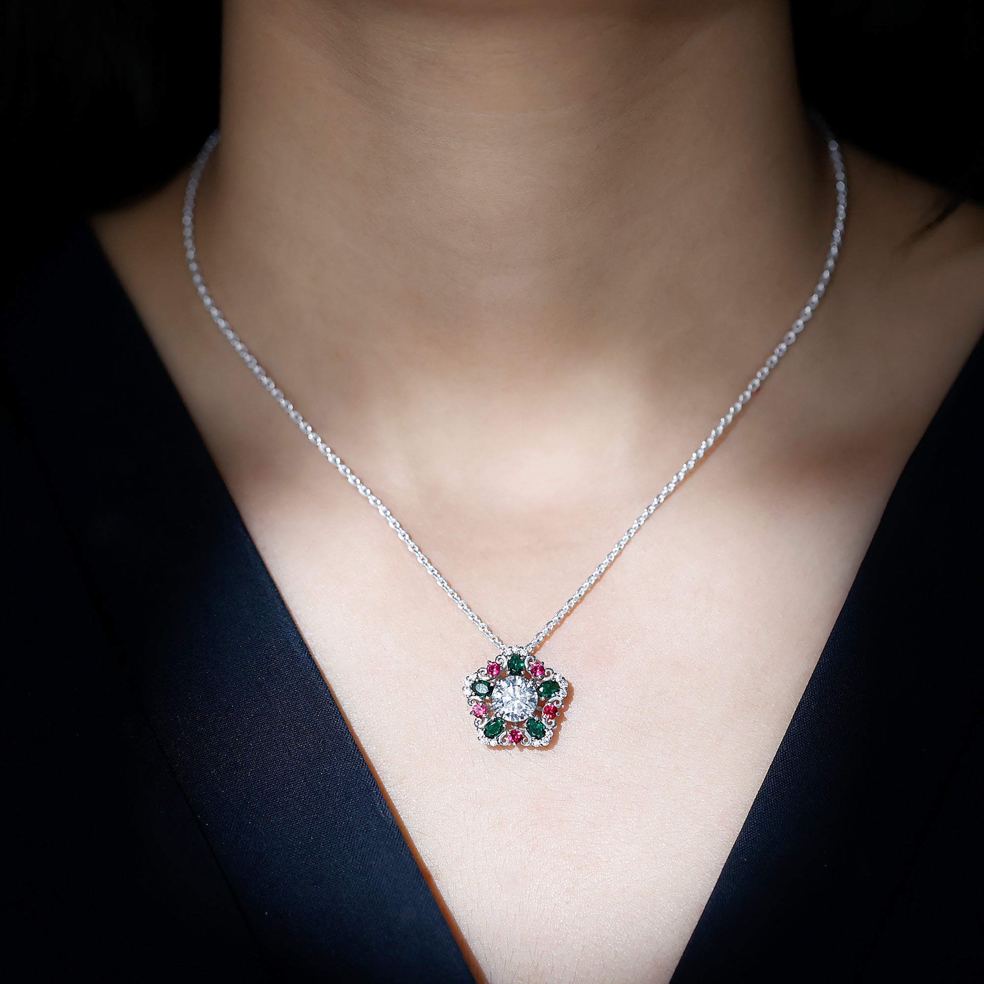 Lab Grown Diamond Cocktail Necklace With Emerald Ruby Lab - ( EF-VS ) - Rosec Jewels