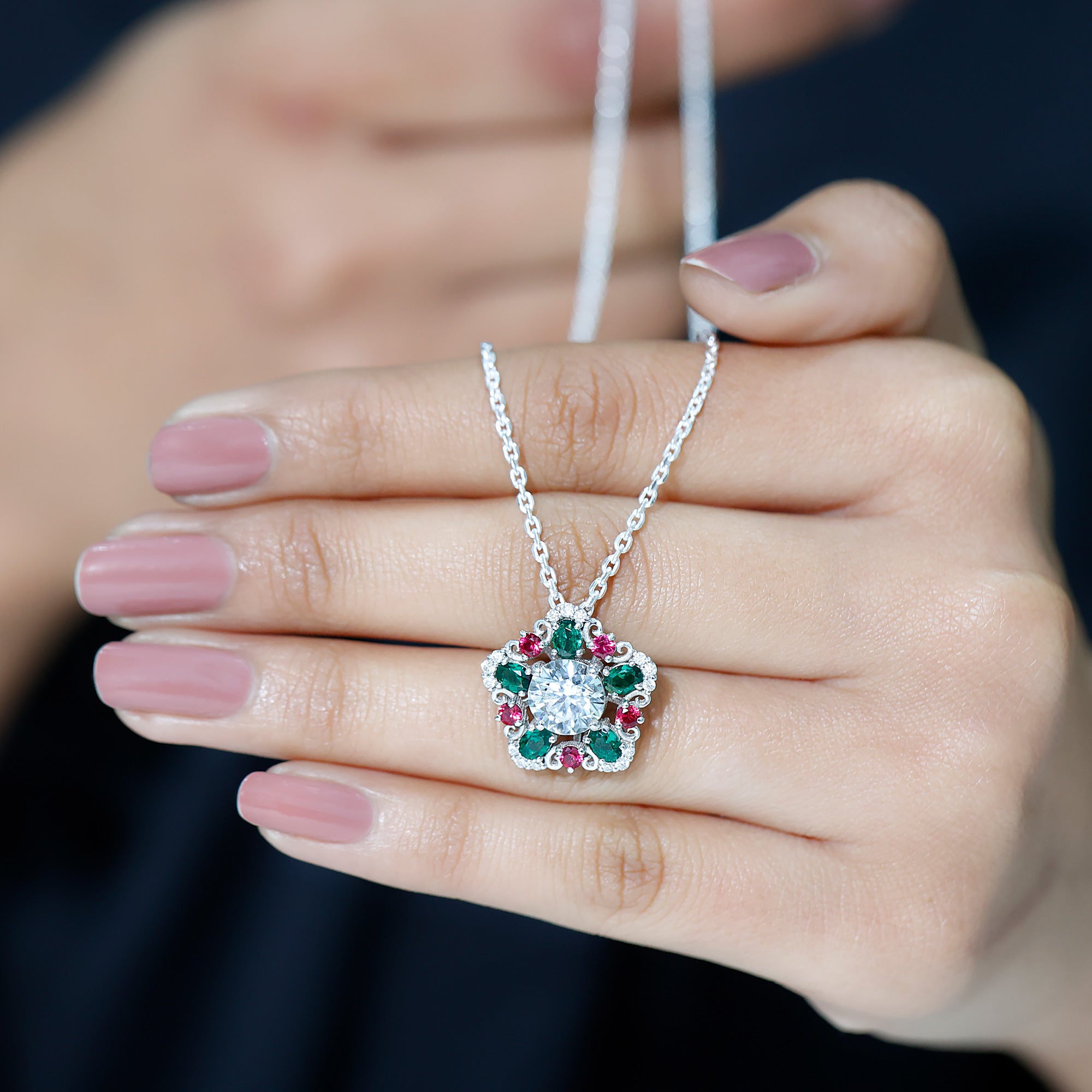 Lab Grown Diamond Cocktail Necklace With Emerald Ruby Lab - ( EF-VS ) - Rosec Jewels