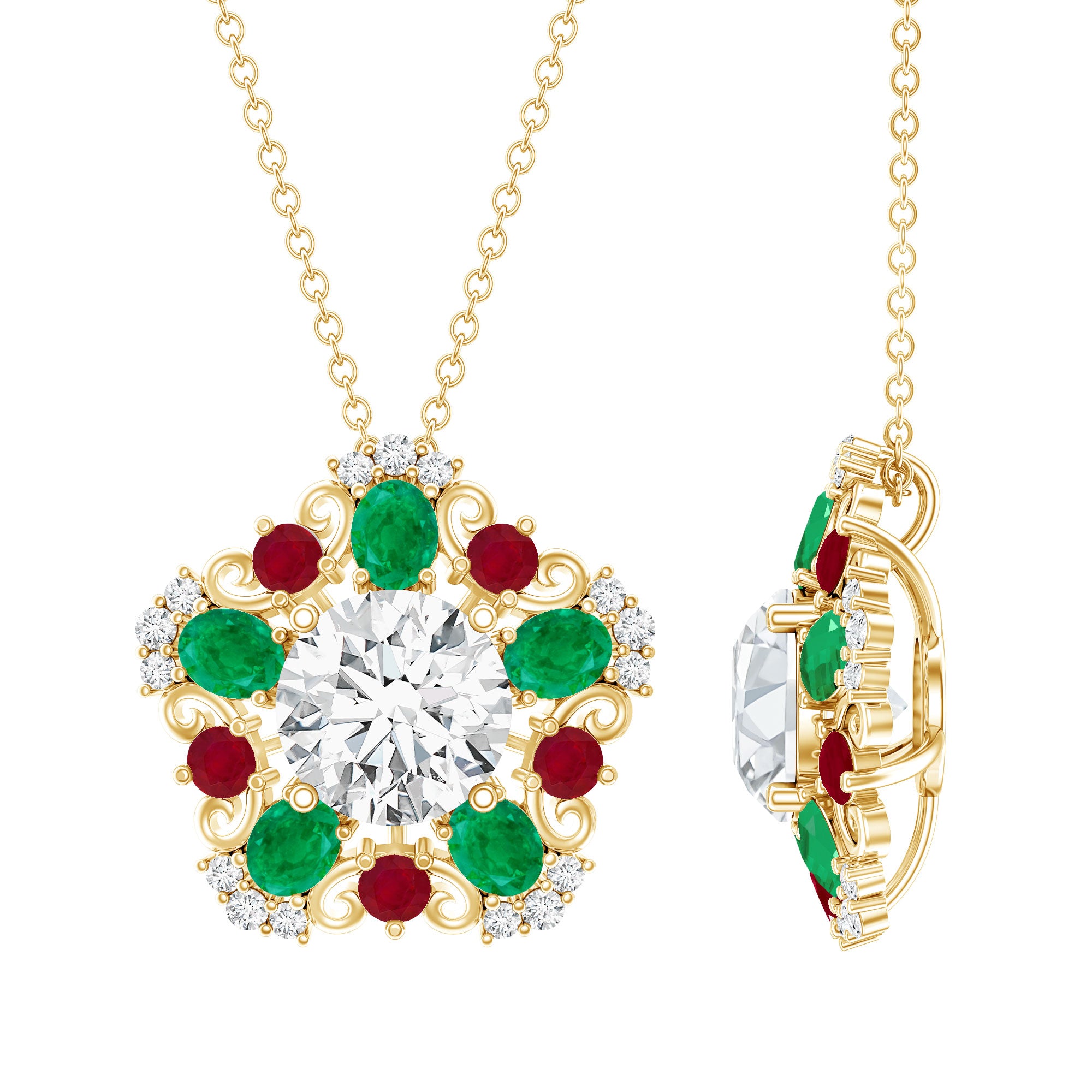 Lab Grown Diamond Cocktail Necklace With Emerald Ruby Lab - ( EF-VS ) - Rosec Jewels