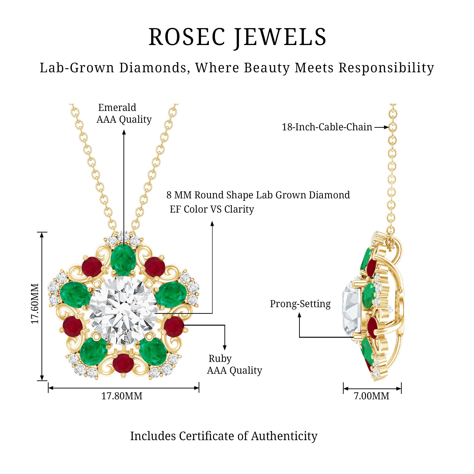Lab Grown Diamond Cocktail Necklace With Emerald Ruby Lab - ( EF-VS ) - Rosec Jewels
