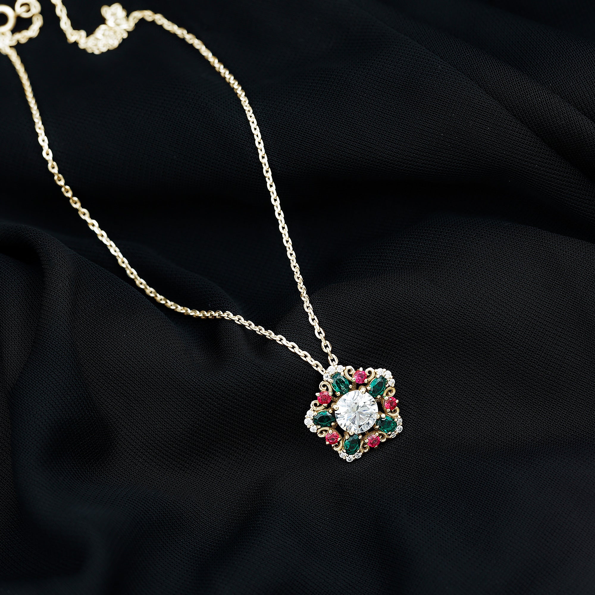 Lab Grown Diamond Cocktail Necklace With Emerald Ruby Lab - ( EF-VS ) - Rosec Jewels