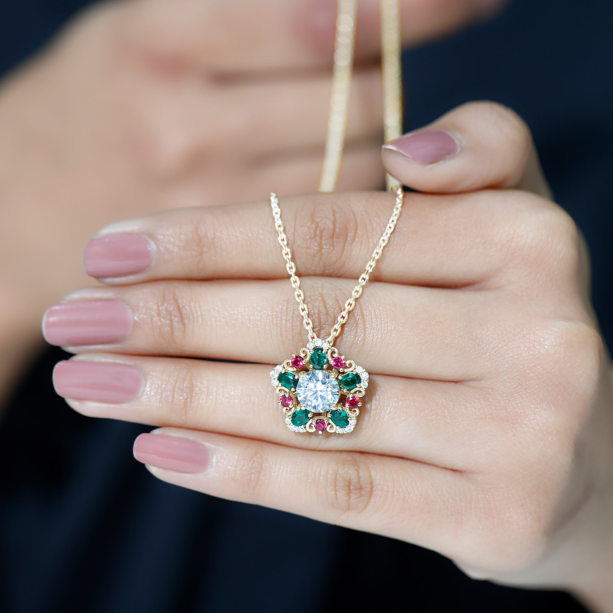 Lab Grown Diamond Cocktail Necklace With Emerald Ruby Lab - ( EF-VS ) - Rosec Jewels