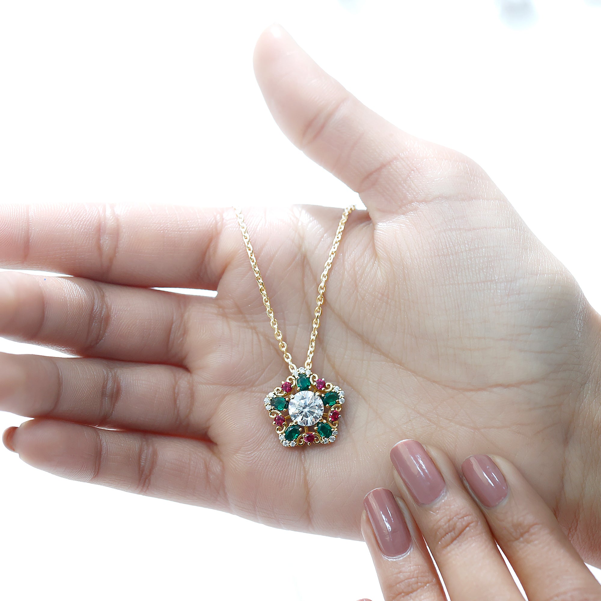Lab Grown Diamond Cocktail Necklace With Emerald Ruby Lab - ( EF-VS ) - Rosec Jewels