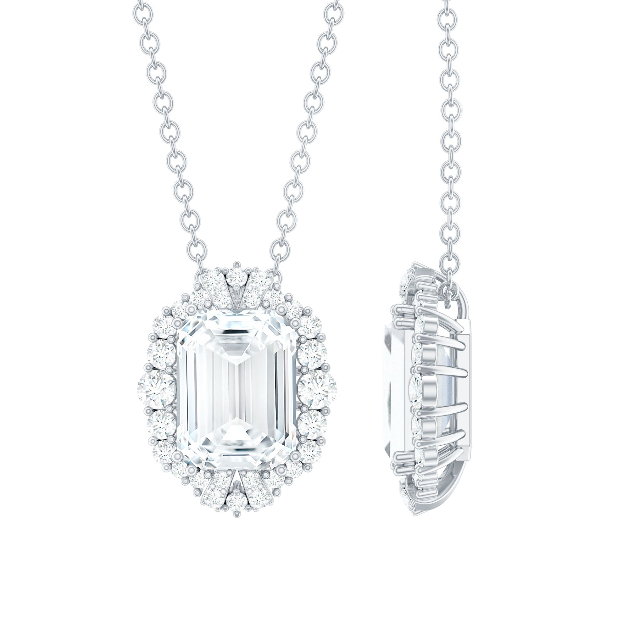 Certified 6X8 MM Emerald Cut Lab Grown Diamond Statement Necklace With Halo