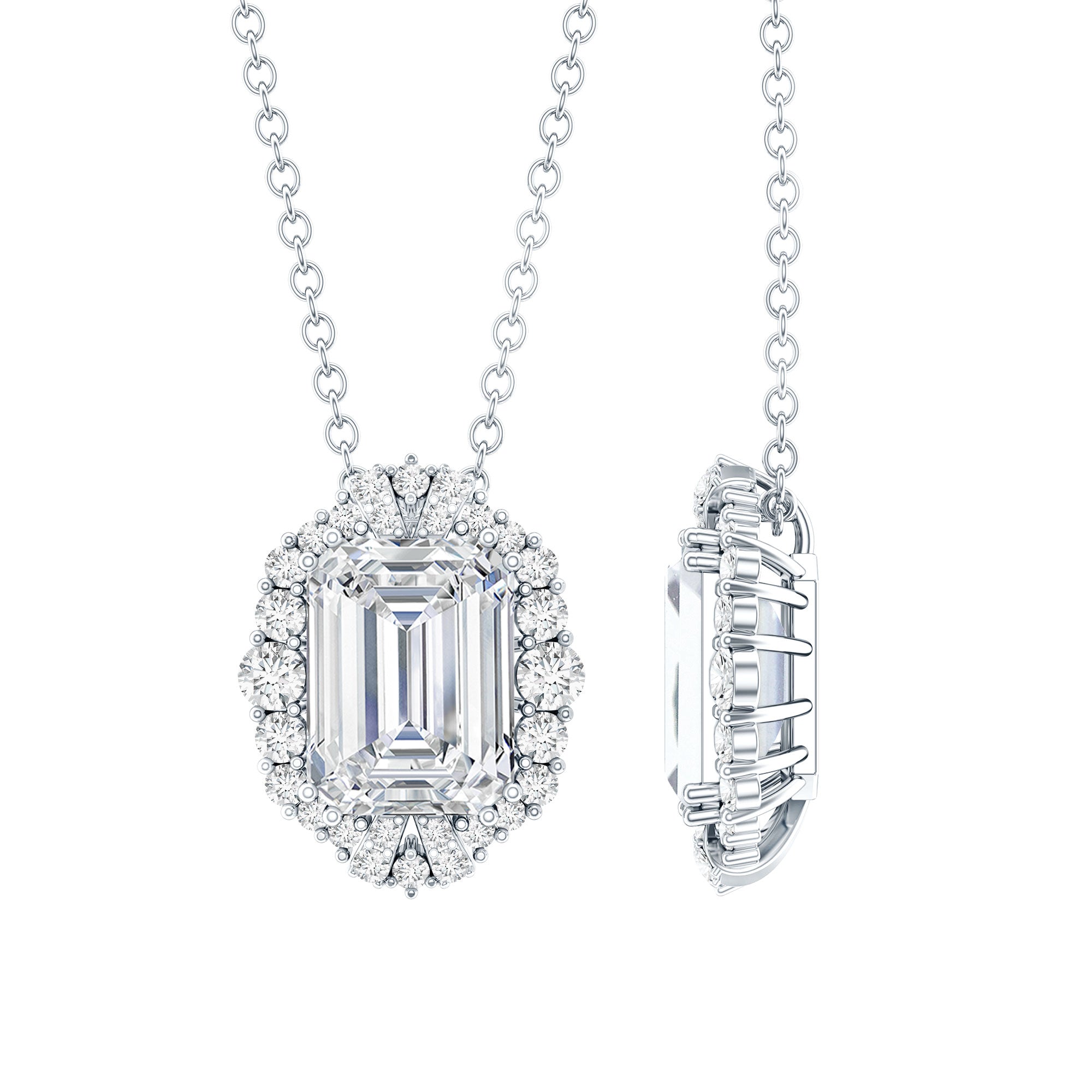 Certified 6X8 MM Emerald Cut Lab Grown Diamond Statement Necklace With Halo Lab - ( EF-VS ) - Rosec Jewels