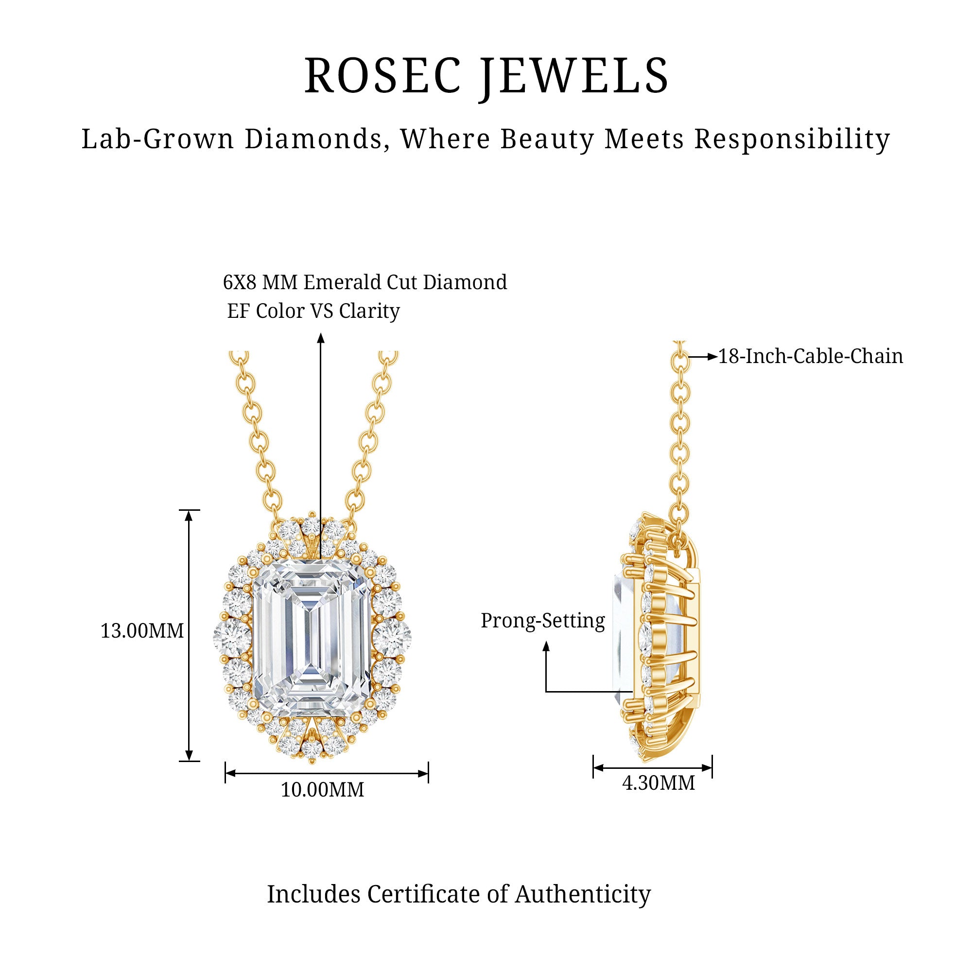 Certified 6X8 MM Emerald Cut Lab Grown Diamond Statement Necklace With Halo Lab - ( EF-VS ) - Rosec Jewels