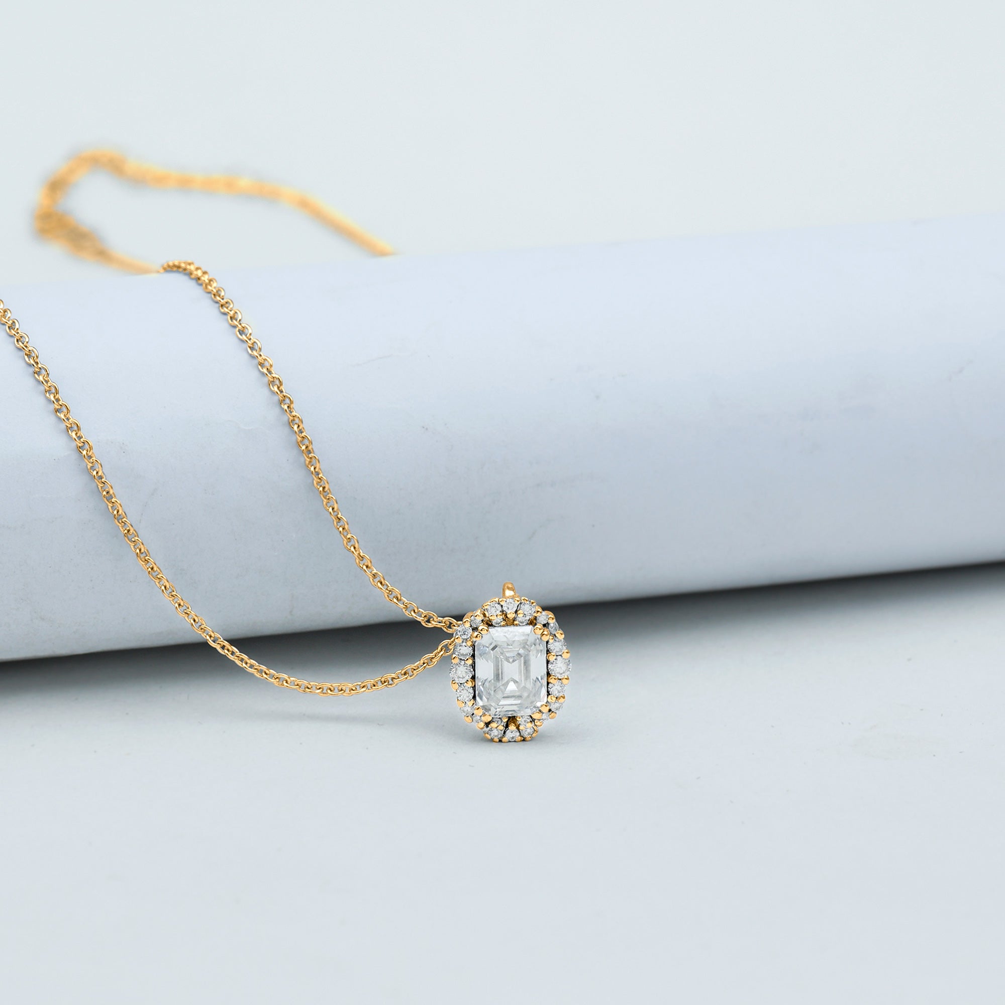 Certified 6X8 MM Emerald Cut Lab Grown Diamond Statement Necklace With Halo Lab - ( EF-VS ) - Rosec Jewels