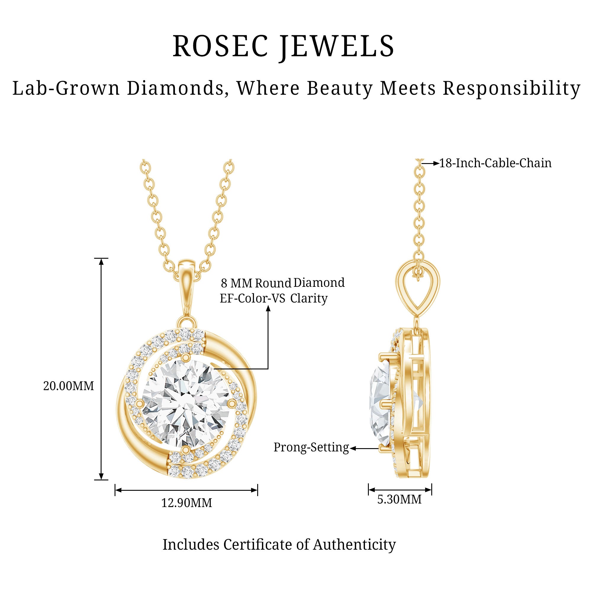 Prong Set 8 MM Round Lab Grown Diamond Swirl Pendant Necklace Lab - ( EF-VS ) - Rosec Jewels